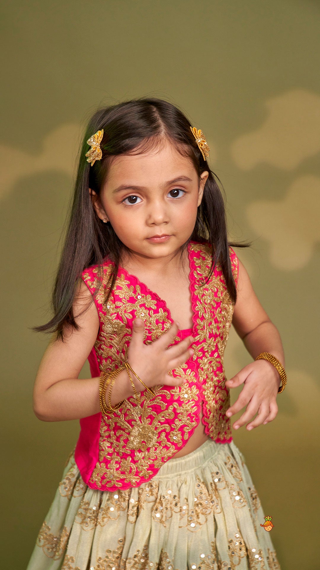 Exquisite Waistcoat Style Embroidered Top With Shimmery Lehenga And Shimmery Dupatta