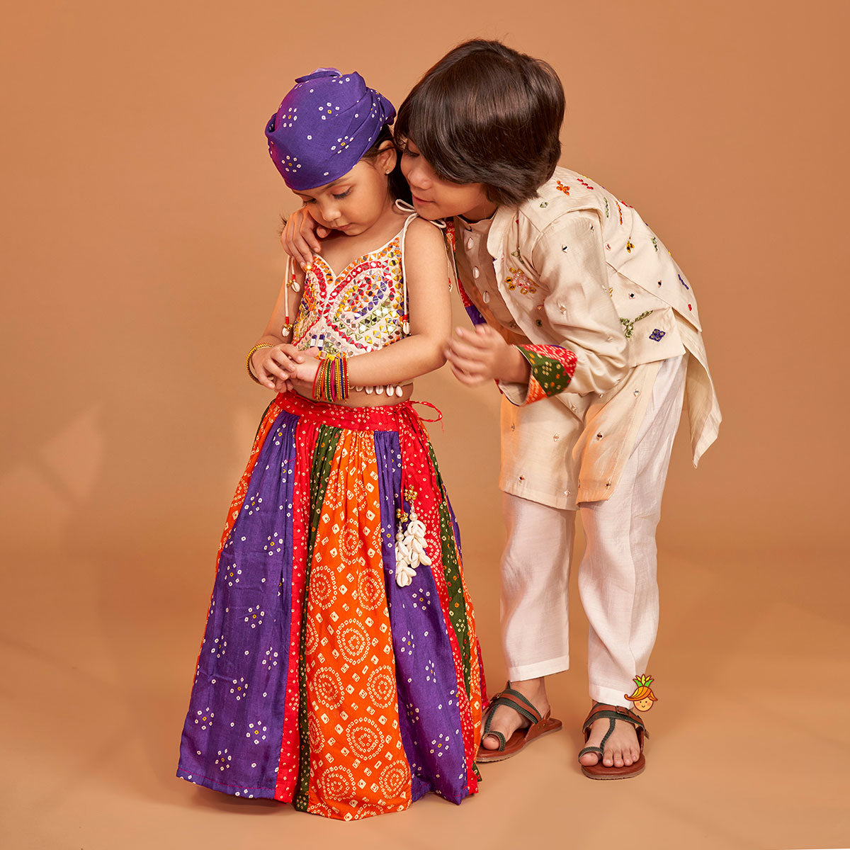 Beautiful Mirror Hand Embroidered Tie-up Top With Multicolour Bandhani Printed Lehenga And Bandana twinning model image 3