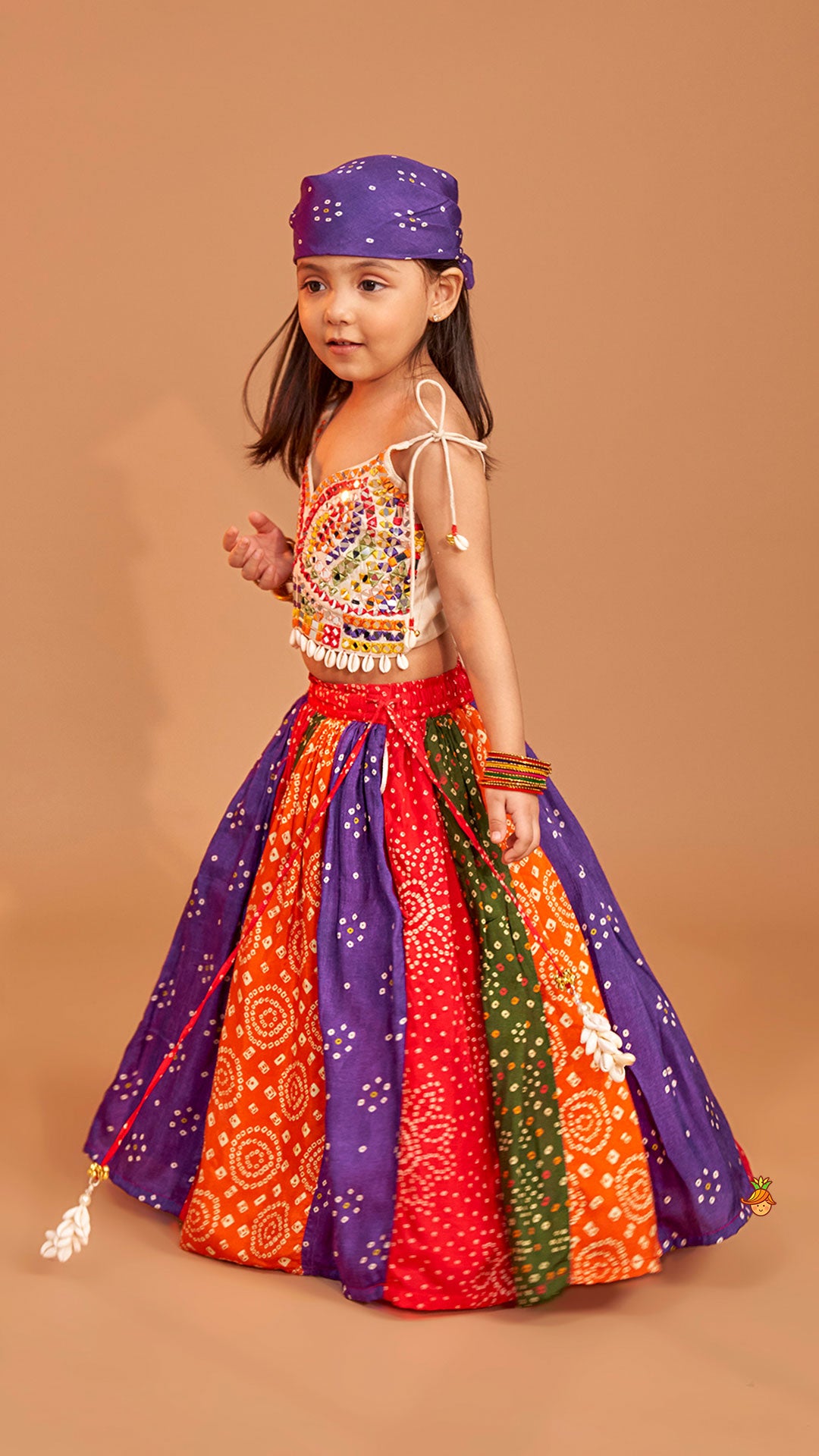 Beautiful Mirror Hand Embroidered Tie-up Top With Multicolour Bandhani Printed Lehenga And Bandana