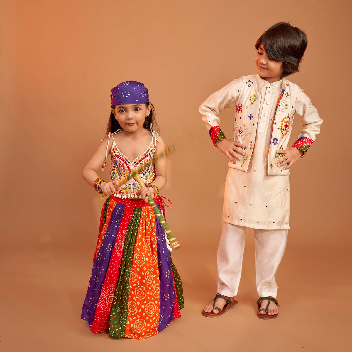 Beautiful Mirror Hand Embroidered Tie-up Top With Multicolour Bandhani Printed Lehenga And Bandana twinning model image 4