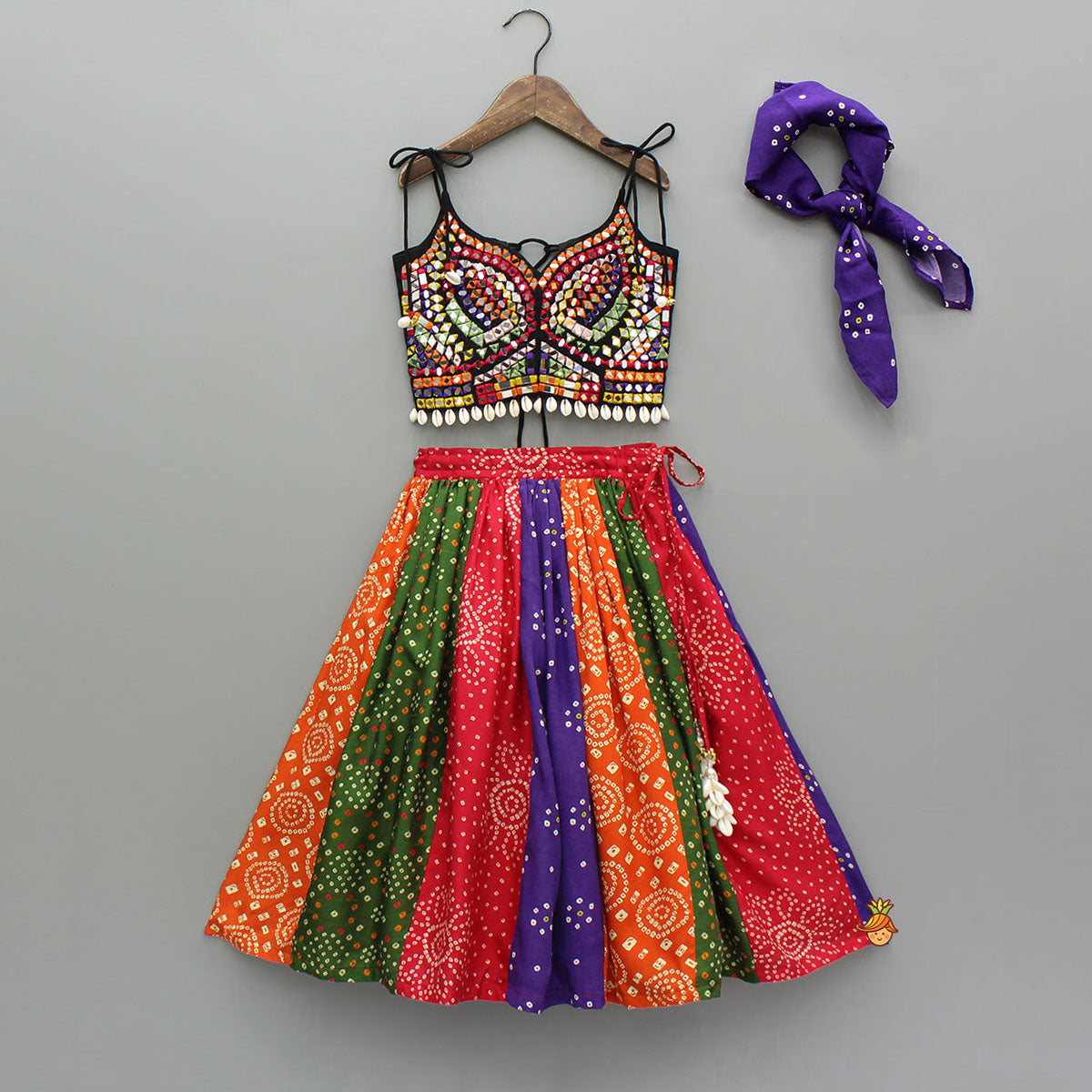 Beautiful Mirror Hand Embroidered Black Tie-up Top With Multicolour Bandhani Printed Lehenga And Bandana
