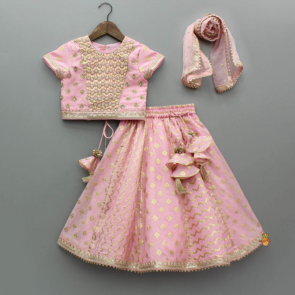 Pink Beaded Zari Work Top With Lehenga And Dupatta