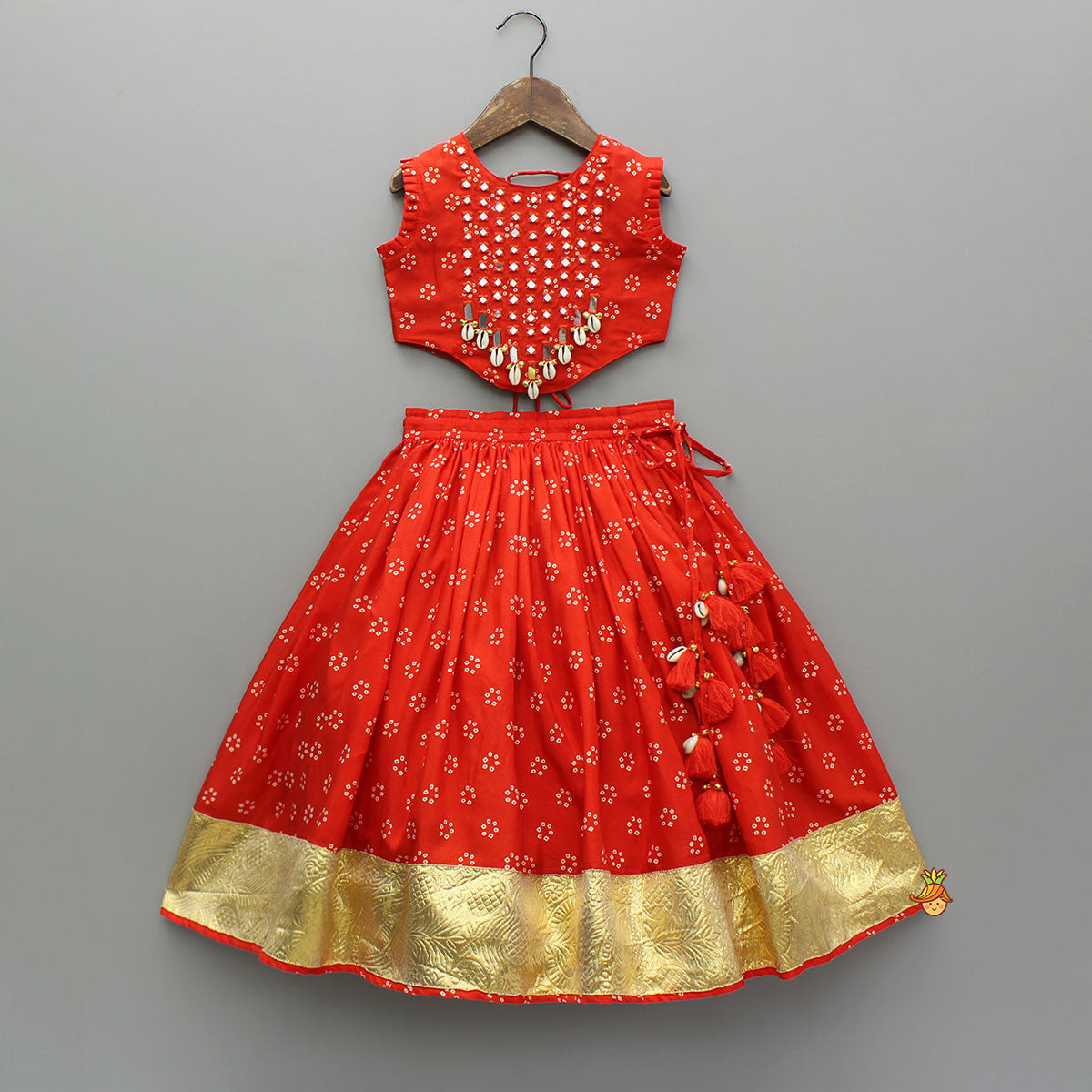 Red Mirror Embroidered Bandhej Printed Top With Matching Lehenga