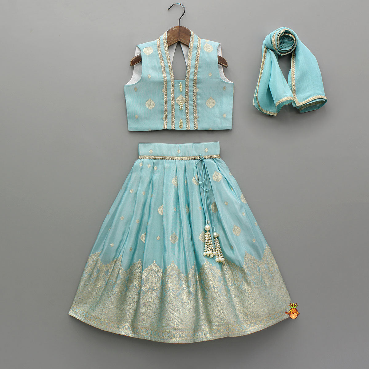 Elegant Blue Lace Detailed Sheen Top With Matching Sheen Lehenga And Dupatta