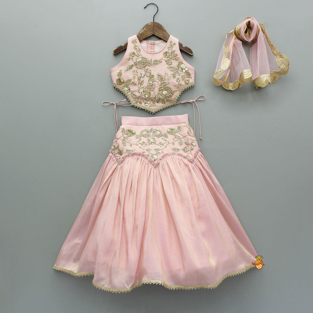 Cut Dana Embroidered Pink Shimmer Top And Lehenga With Net Dupatta