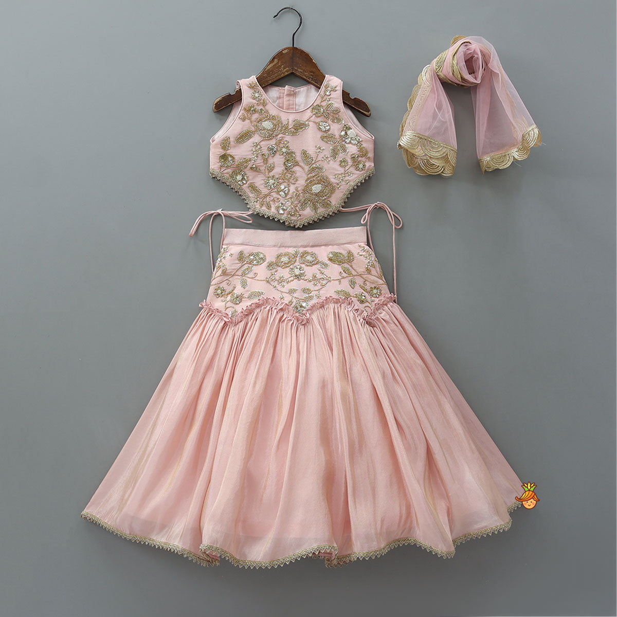 Cut Dana Embroidered Pink Shimmer Top And Lehenga With Net Dupatta