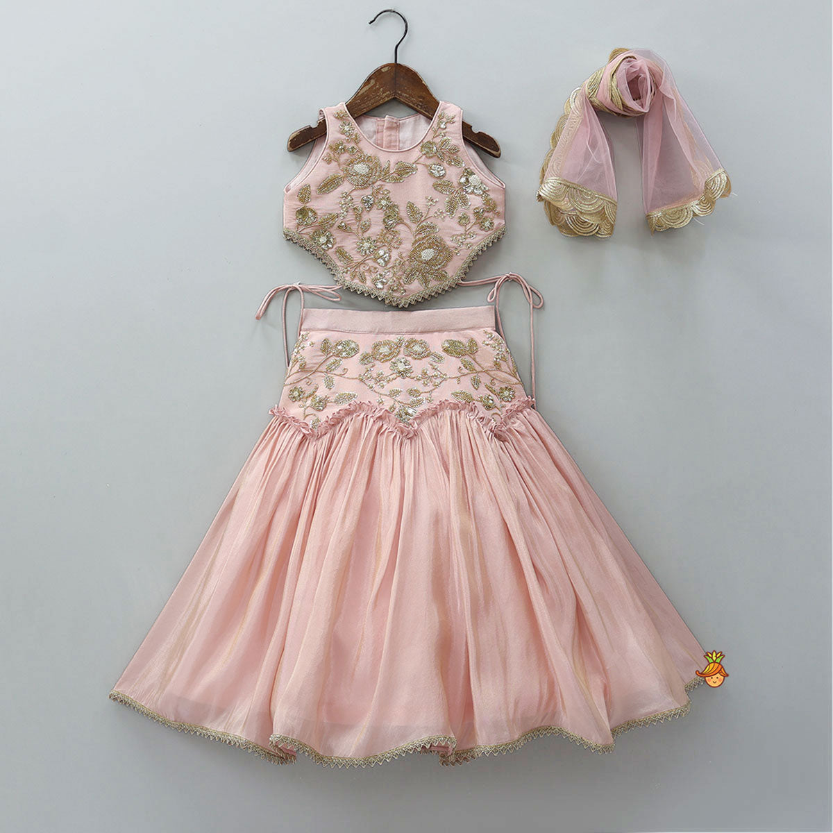 Cut Dana Embroidered Pink Shimmer Top And Lehenga With Net Dupatta