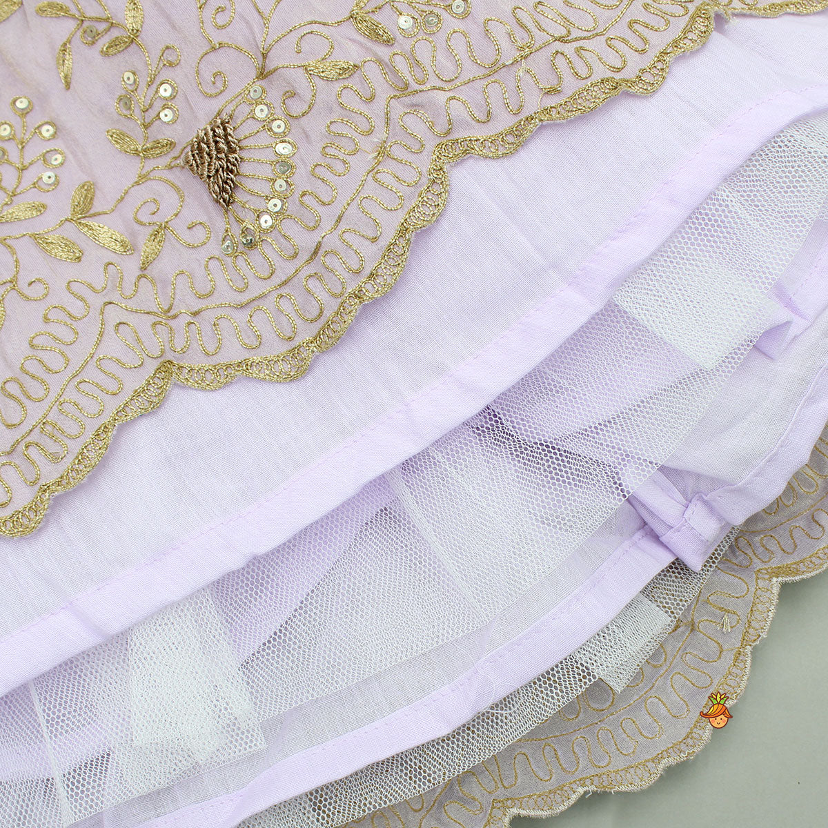 Shimmery Lavender Embroidered Ruffled Top With Shimmery Lehenga And Dupatta