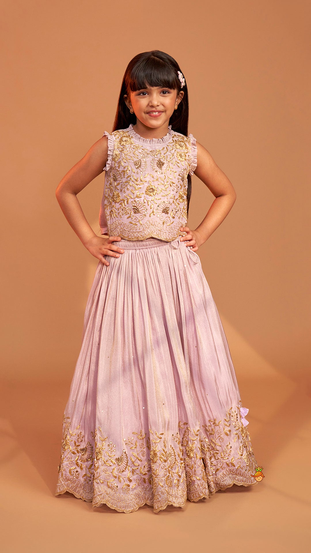 Shimmery Lavender Embroidered Ruffled Top With Shimmery Lehenga And Dupatta