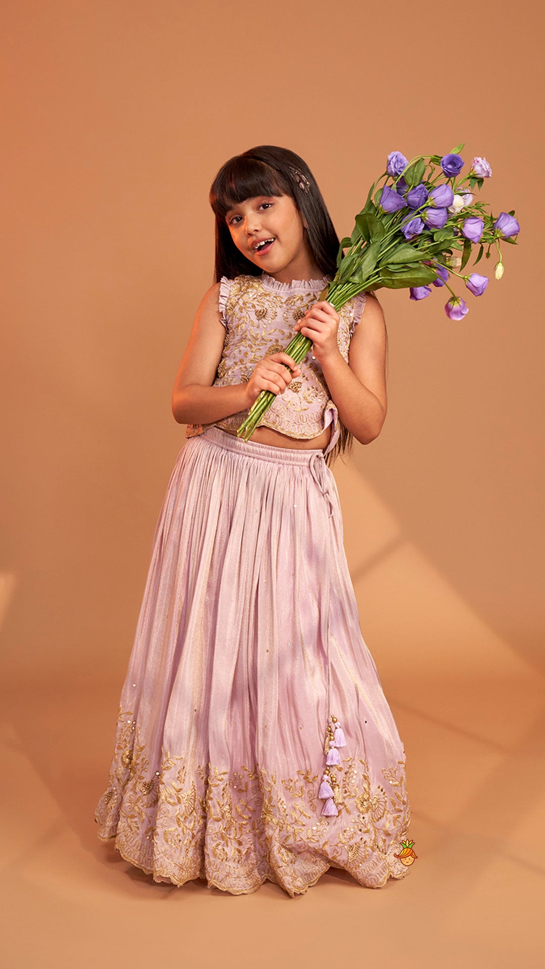 Shimmery Lavender Embroidered Ruffled Top With Shimmery Lehenga And Dupatta