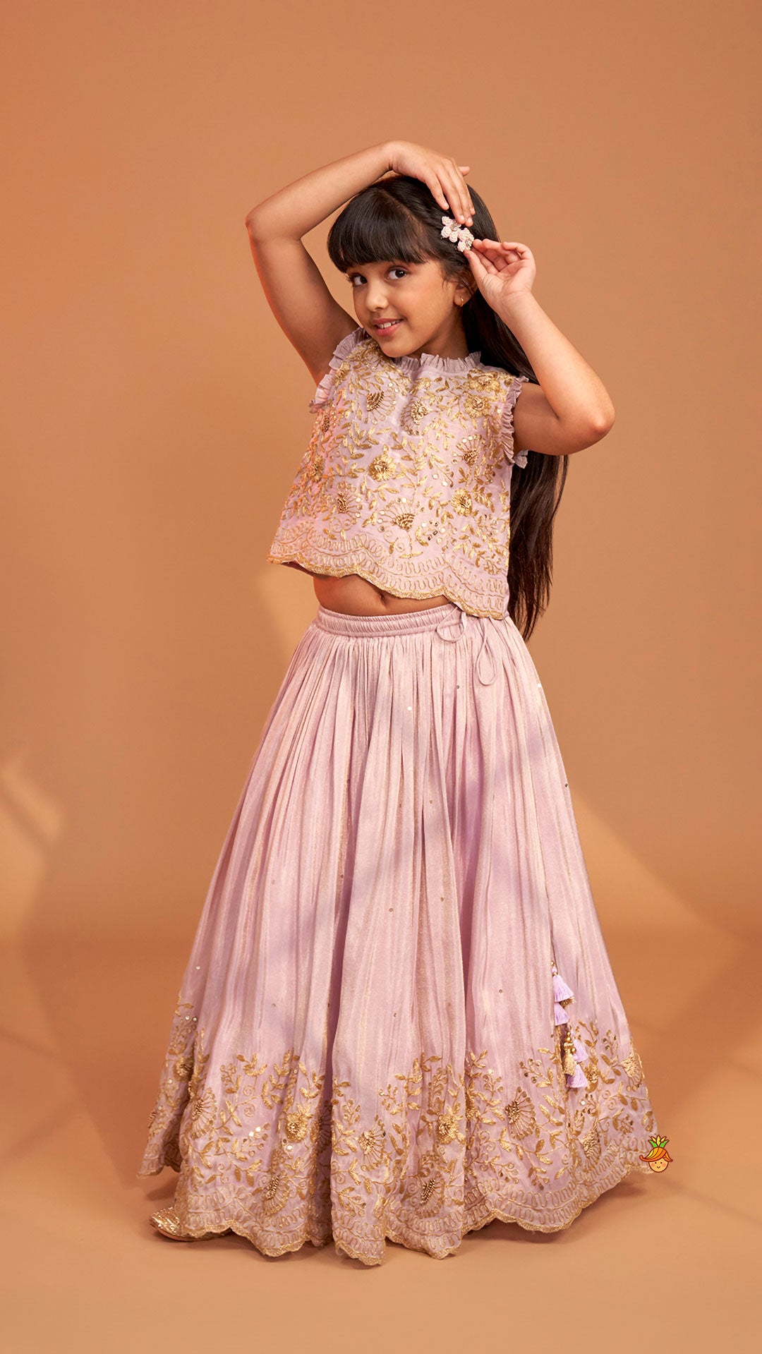 Shimmery Lavender Embroidered Ruffled Top With Shimmery Lehenga And Dupatta