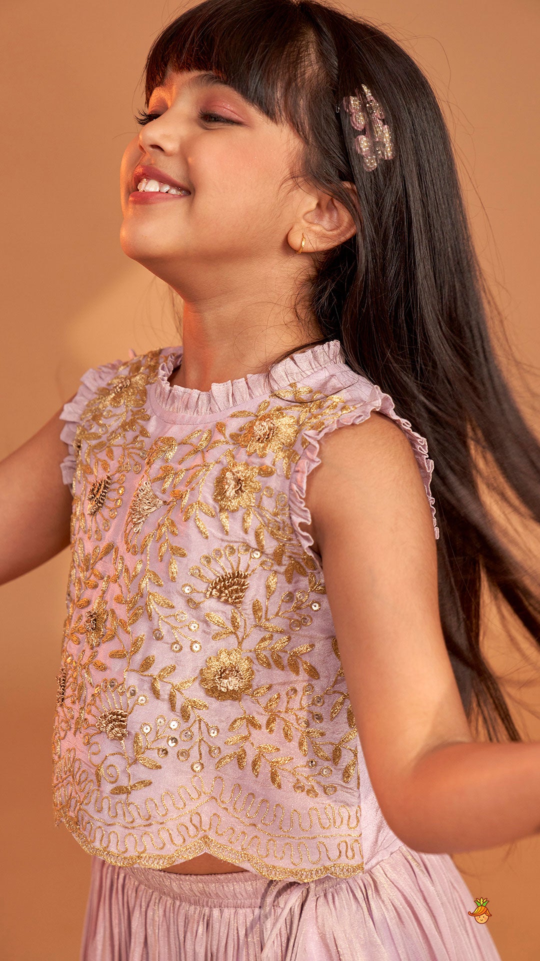 Shimmery Lavender Embroidered Ruffled Top With Shimmery Lehenga And Dupatta