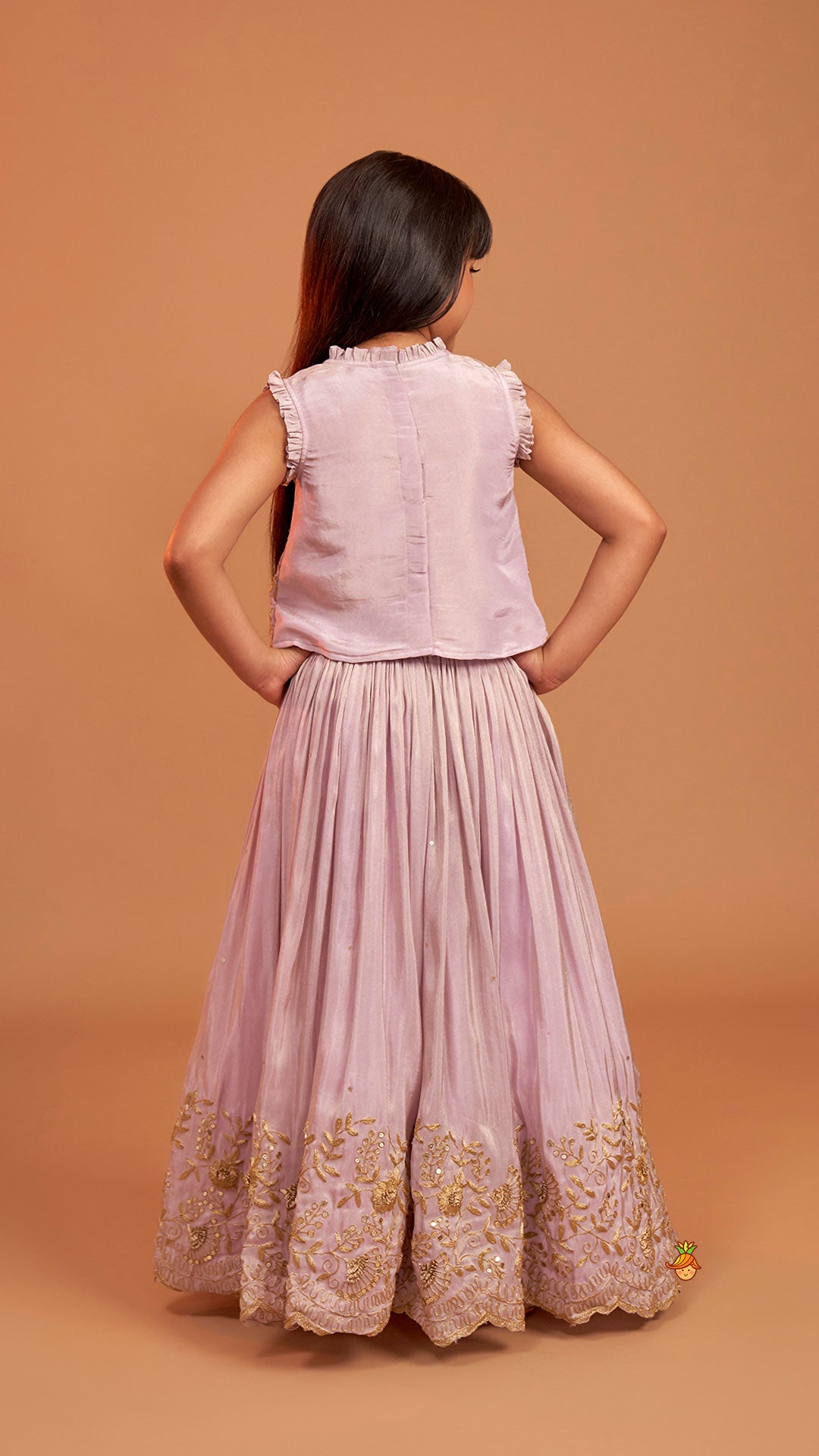Shimmery Lavender Embroidered Ruffled Top With Shimmery Lehenga And Dupatta