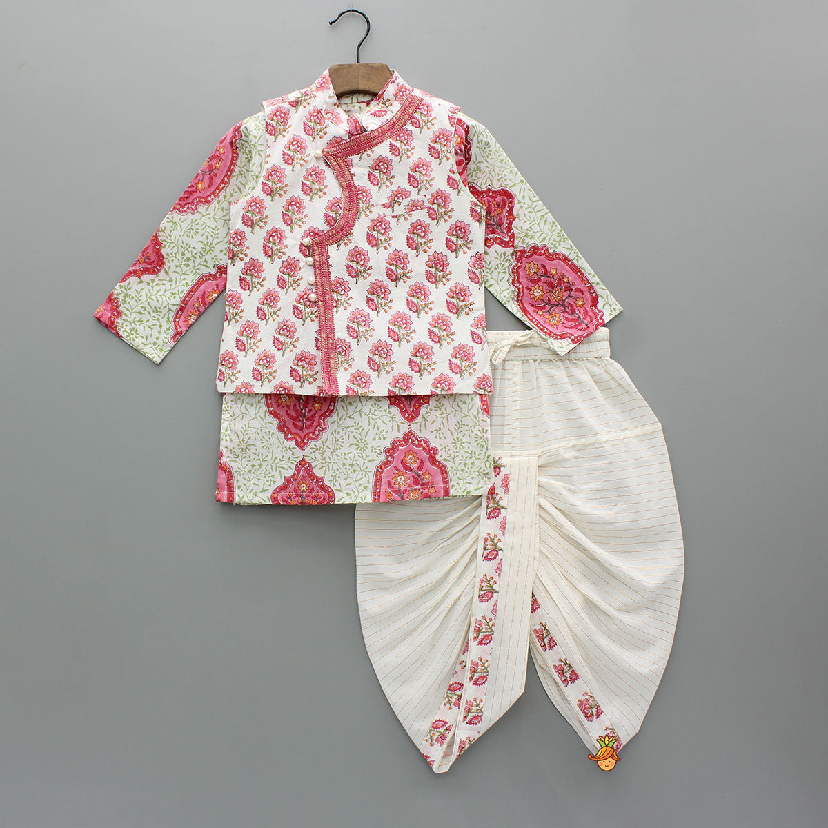 Ethnic Floral Printed Kurta With Jacket And Dhoti