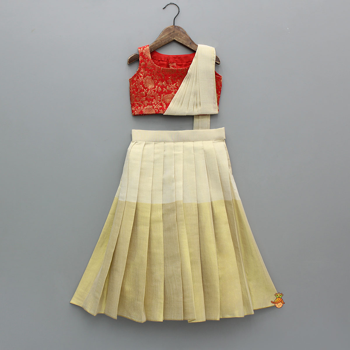Red Ethnic Drape Detailed Top With Pleated Zari Sheen Lehenga