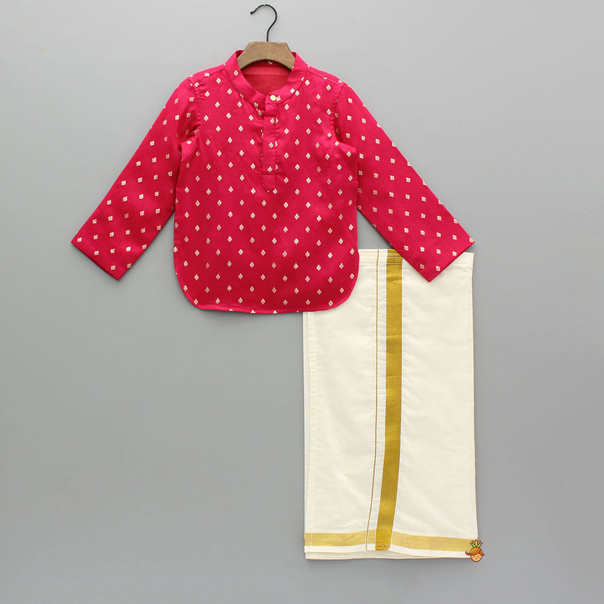 Red Brocade Kurta With Wrap Lungi
