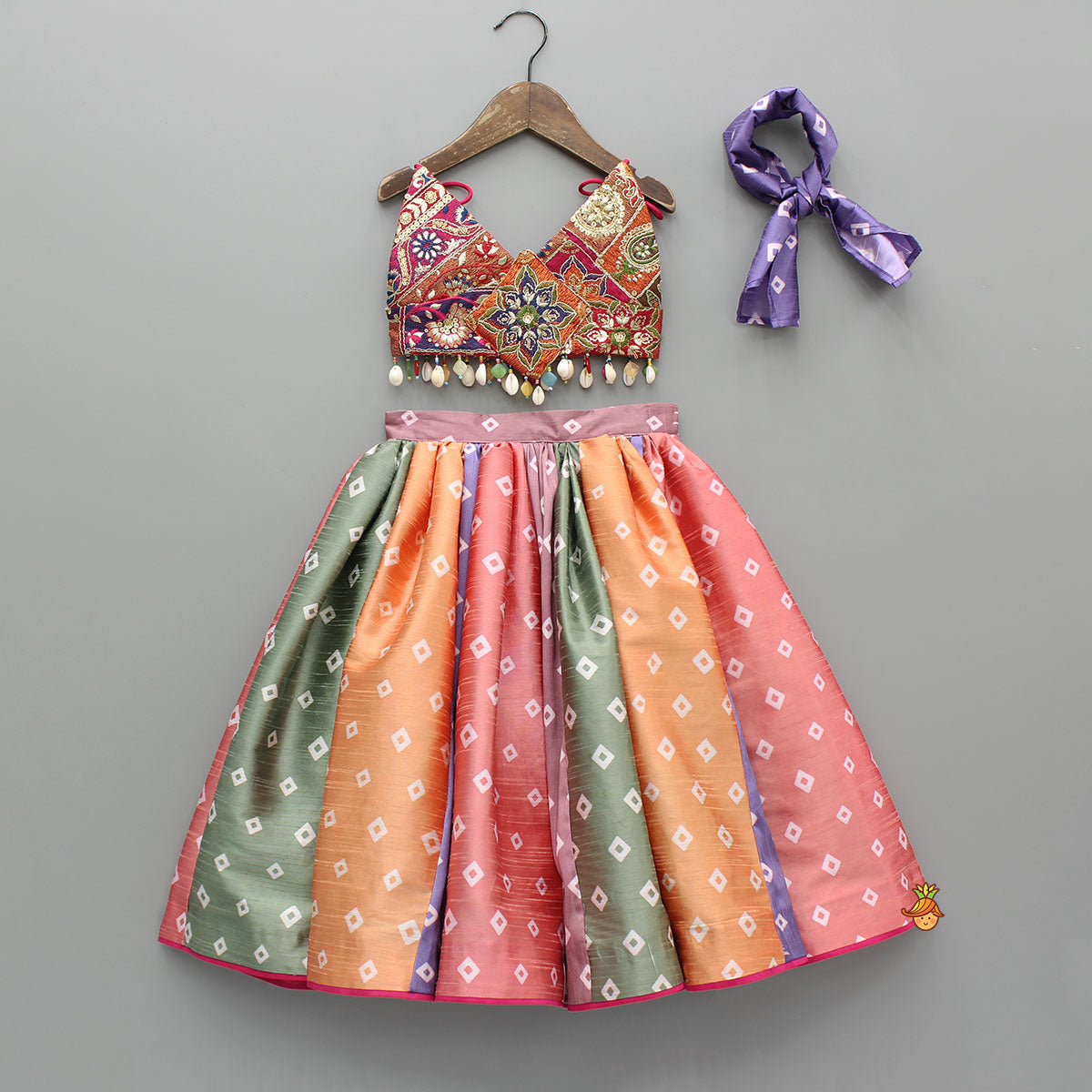 Beautiful Thread Embroidered Top With Bandhani Printed Panel Lehenga And Bandana