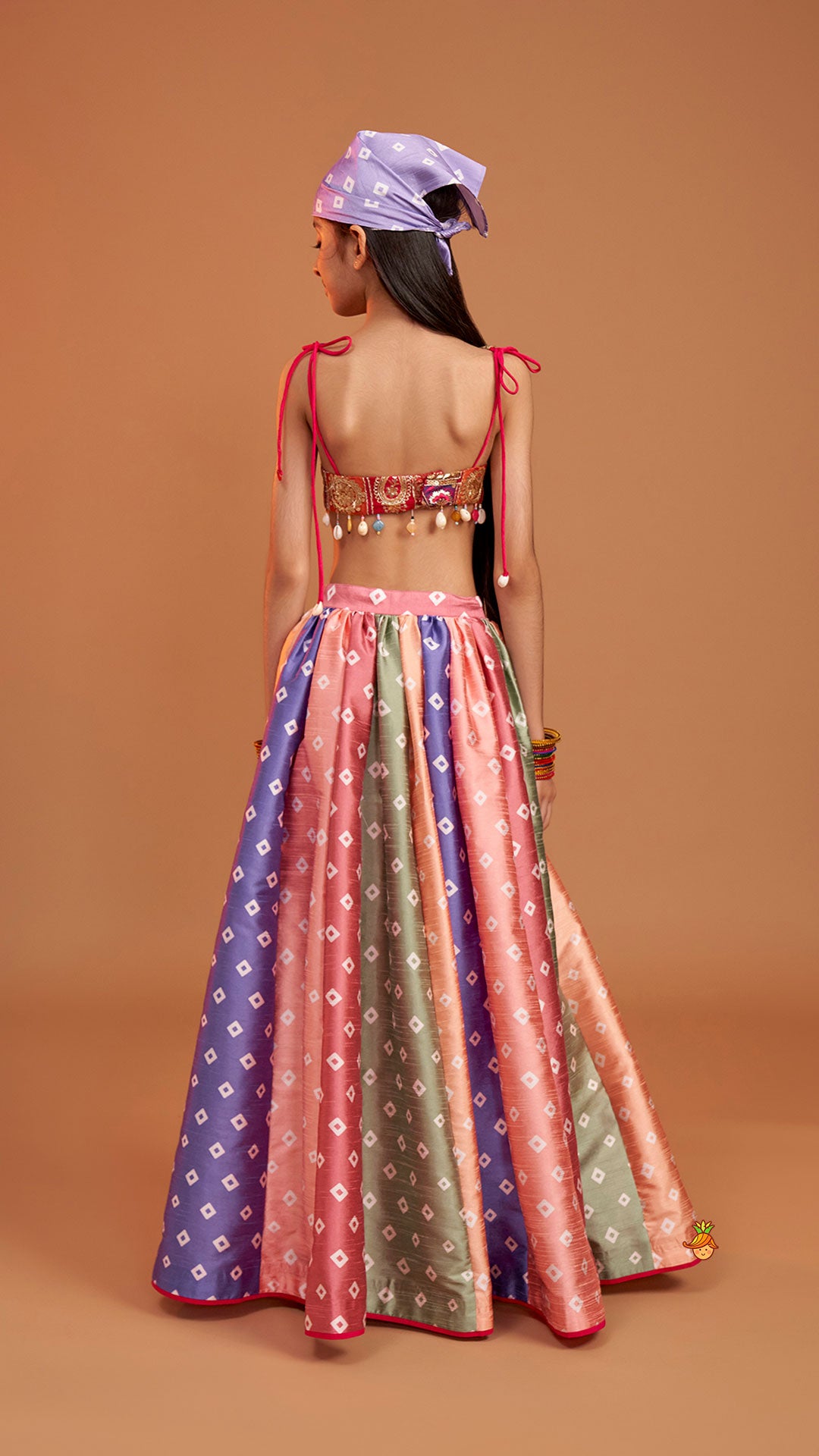 Beautiful Thread Embroidered Top With Bandhani Printed Panel Lehenga And Bandana