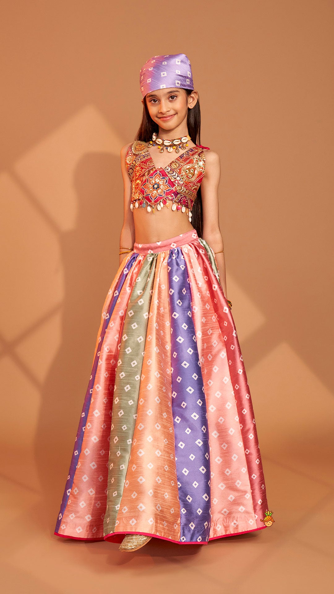 Beautiful Thread Embroidered Top With Bandhani Printed Panel Lehenga And Bandana