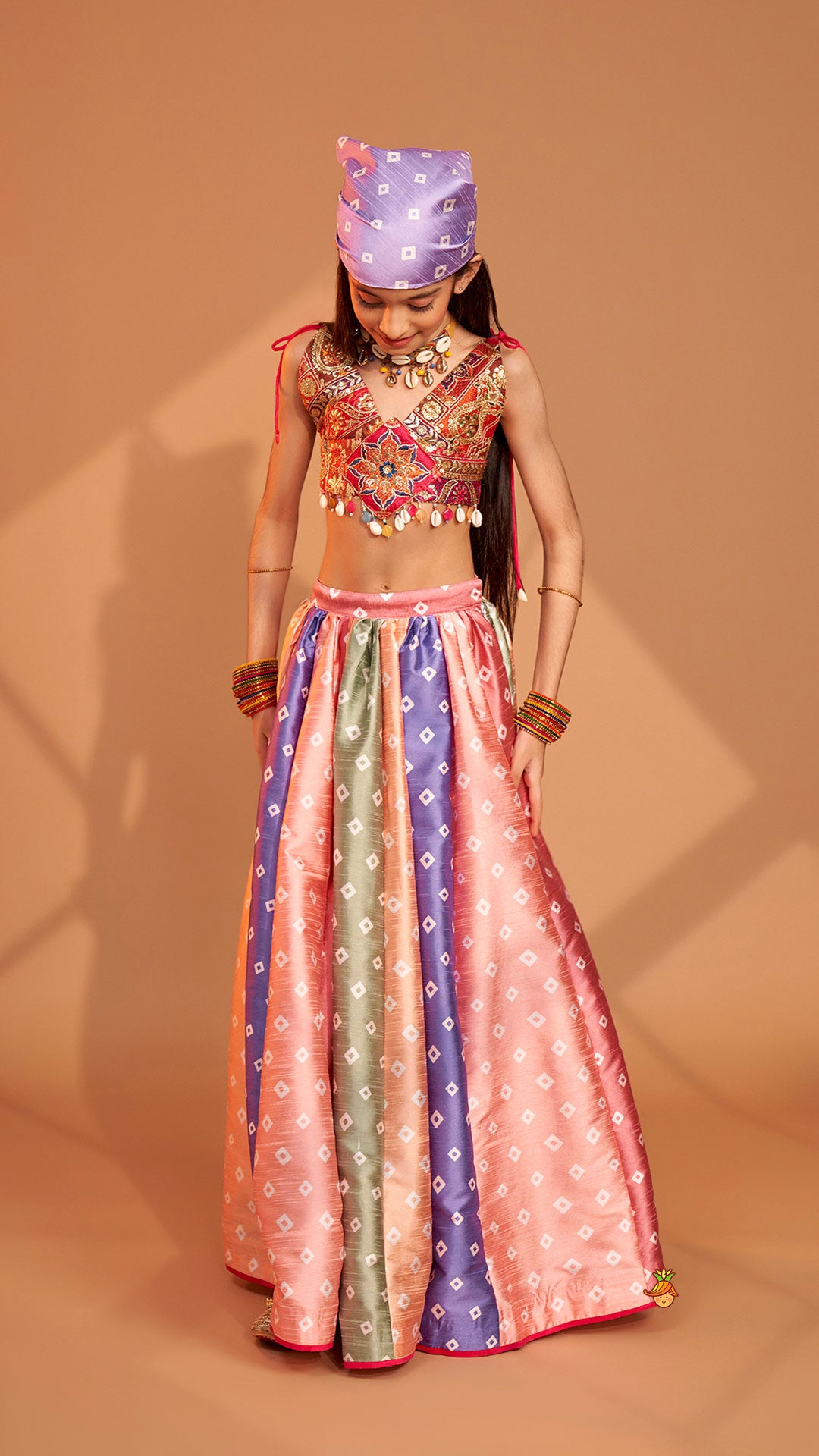 Beautiful Thread Embroidered Top With Bandhani Printed Panel Lehenga And Bandana