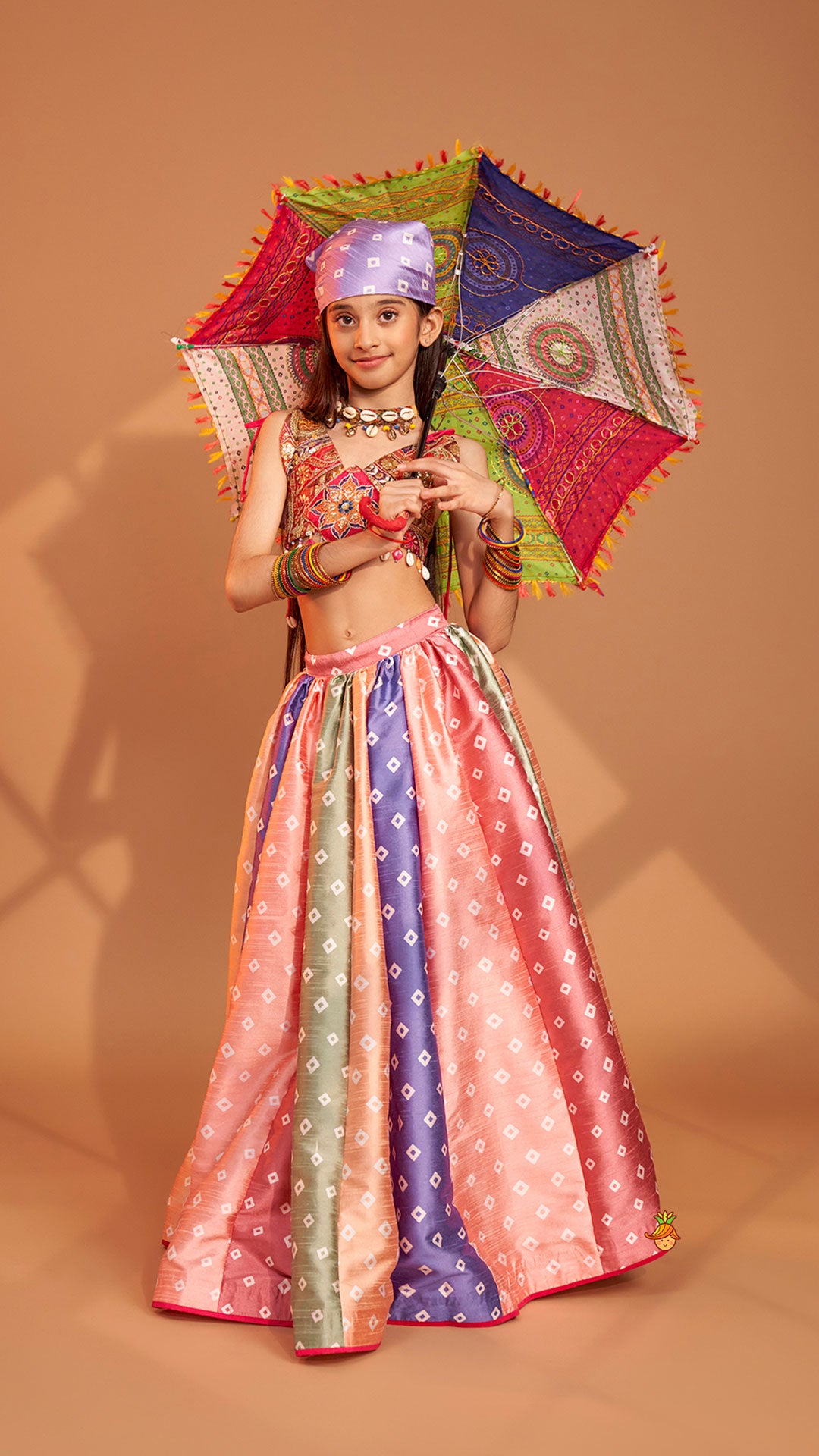 Beautiful Thread Embroidered Top With Bandhani Printed Panel Lehenga And Bandana