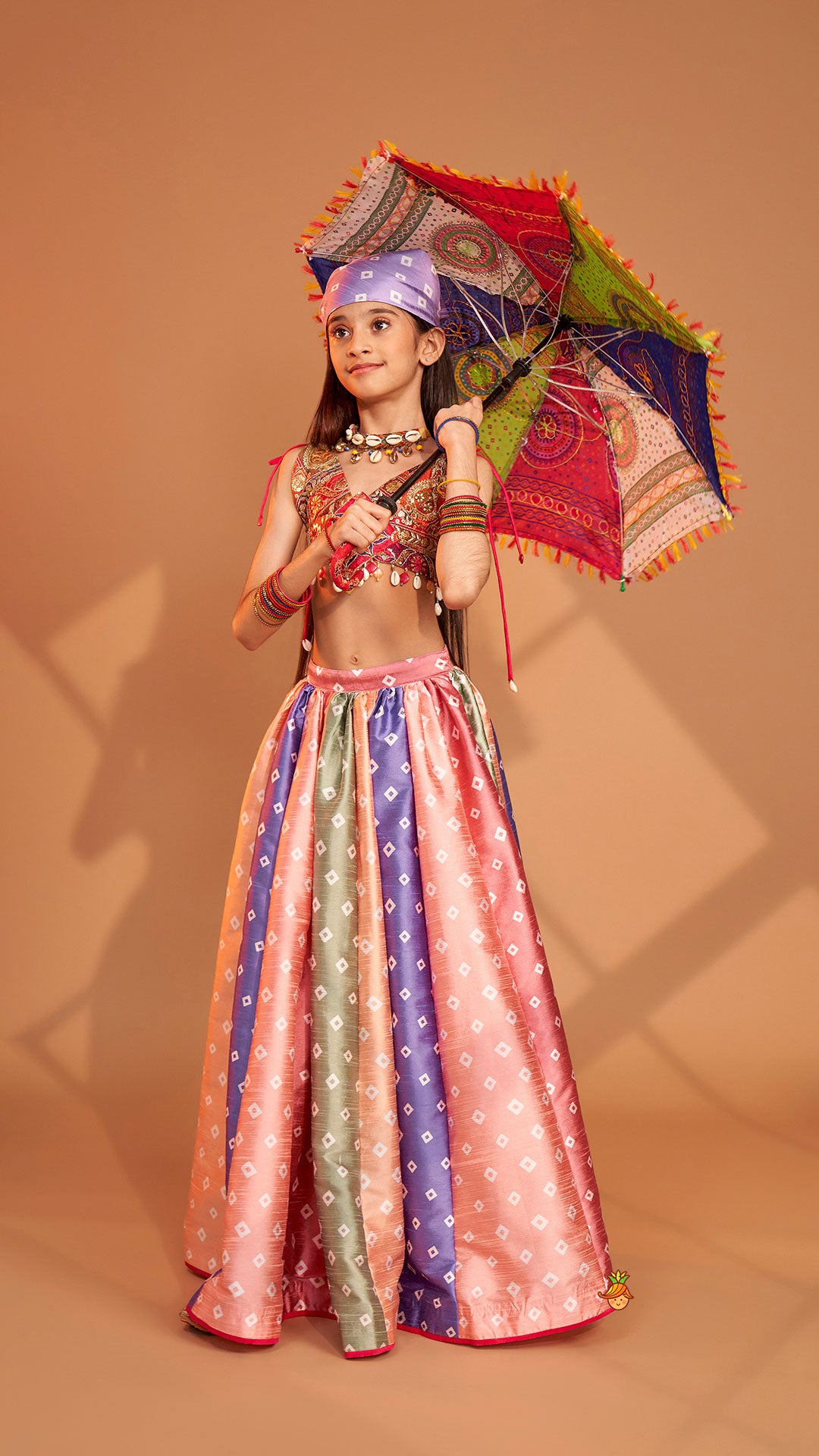 Beautiful Thread Embroidered Top With Bandhani Printed Panel Lehenga And Bandana