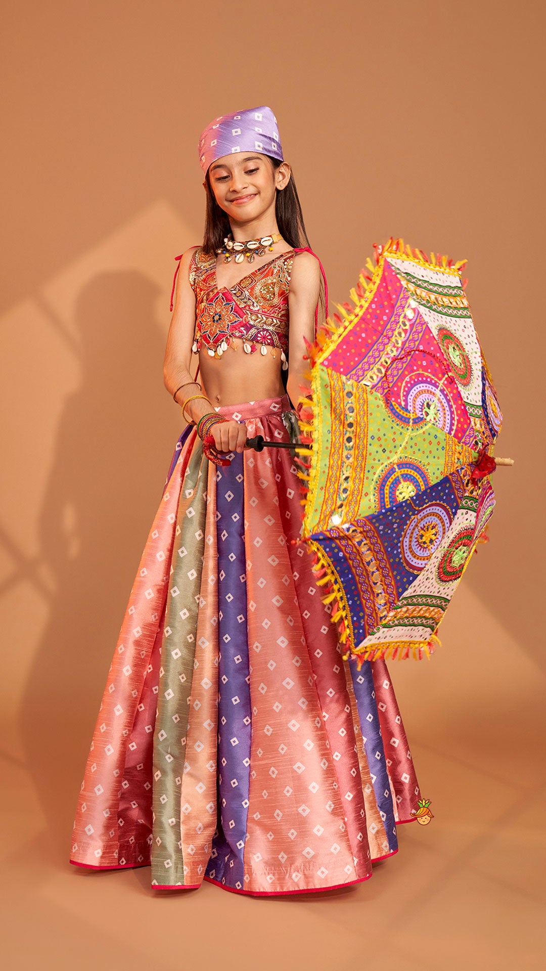 Beautiful Thread Embroidered Top With Bandhani Printed Panel Lehenga And Bandana
