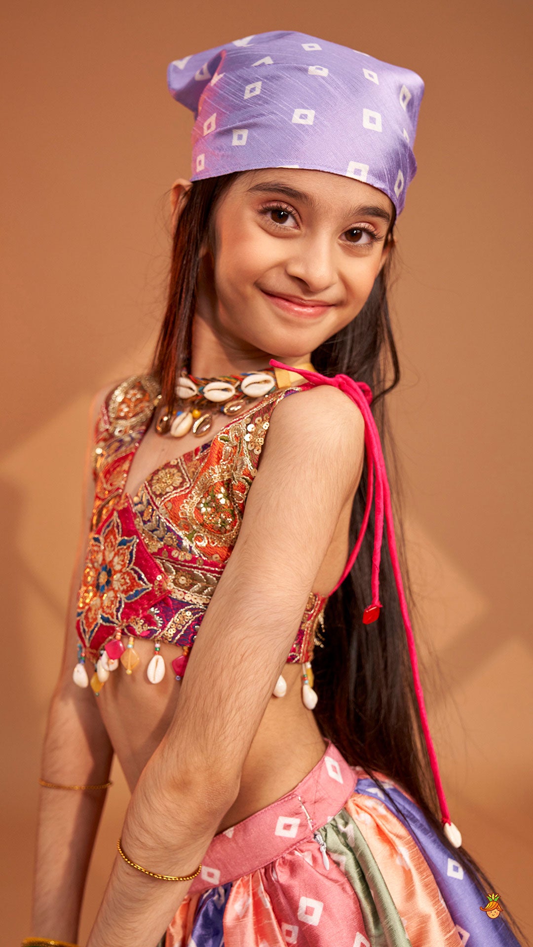 Beautiful Thread Embroidered Top With Bandhani Printed Panel Lehenga And Bandana