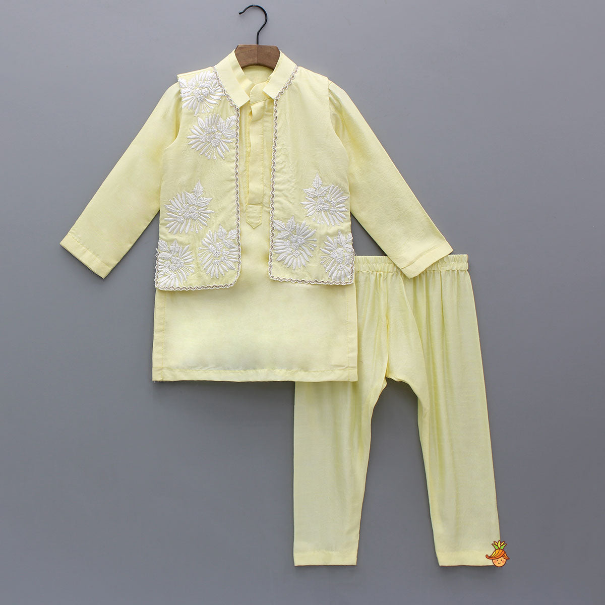 Yellow Kurta With Front Open Embroidered Jacket And Pyjama