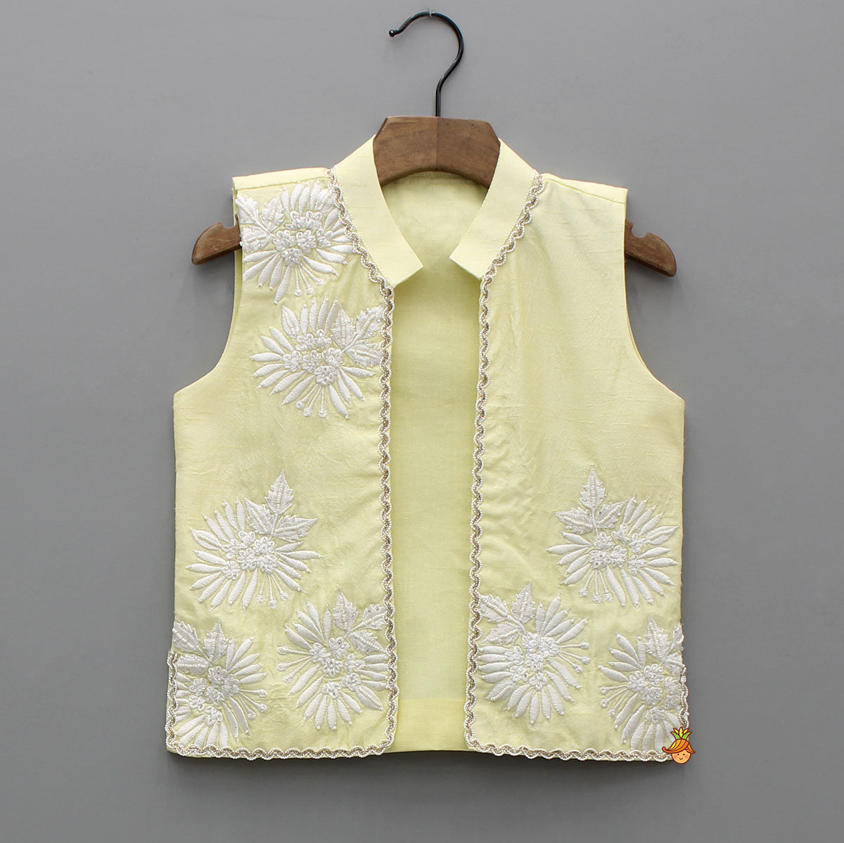 Yellow Kurta With Front Open Embroidered Jacket And Pyjama