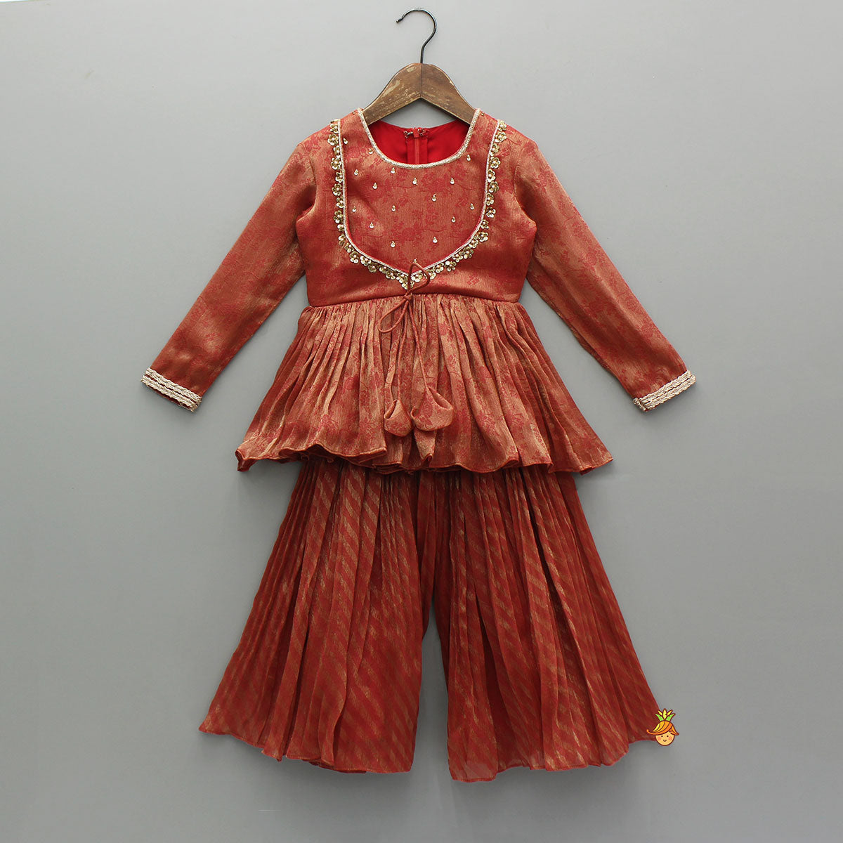 Rust Textured Kurta With Pleated Palazzo