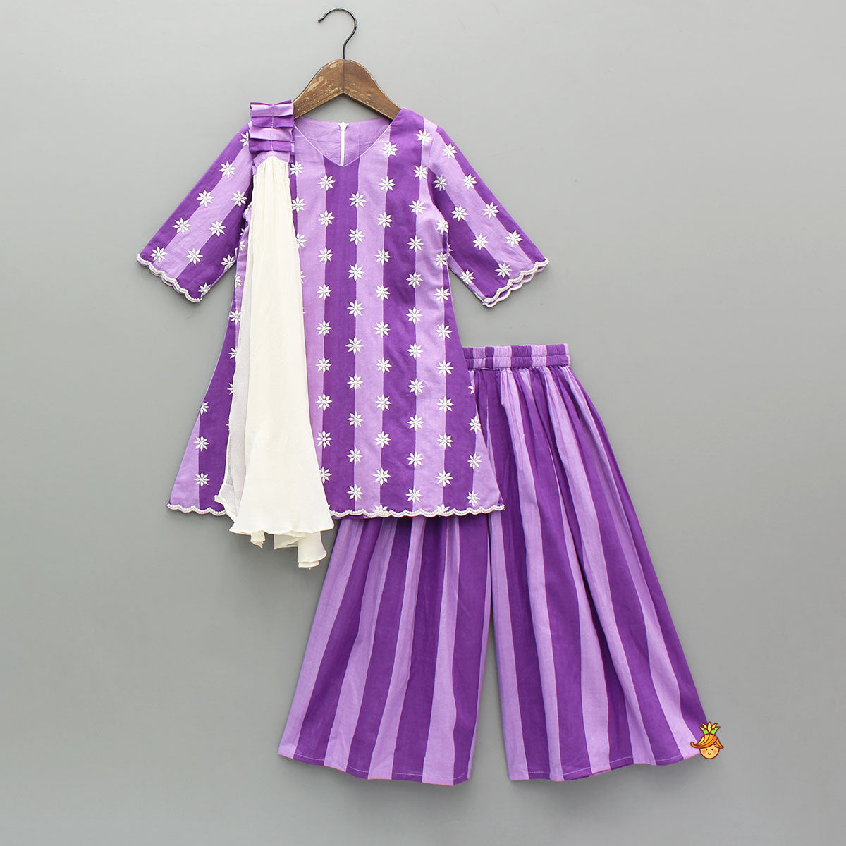 Purple Striped Kurti With Matching Palazzo And Choker Dupatta