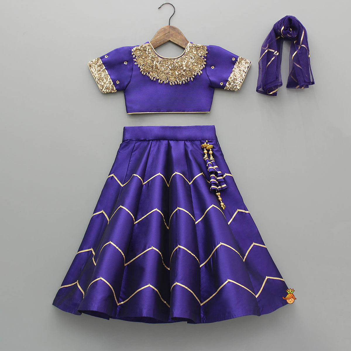 Embroidered Purple V Cut Back Top And Gota Lace Detail Lehenga With Matching Dupatta