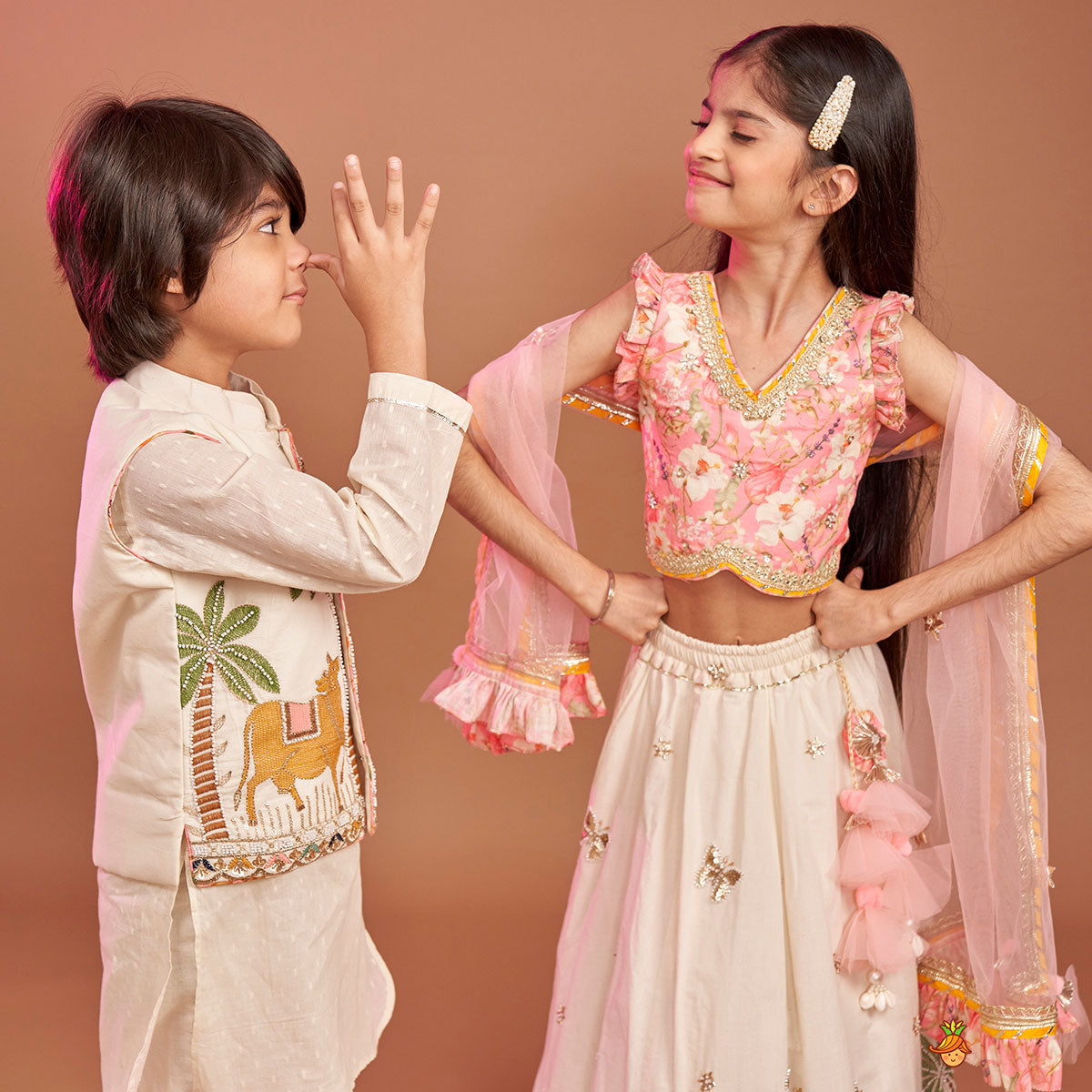Stunning Pink Floral Printed Top With Embroidered Lehenga And Dupatta twinning model image 4