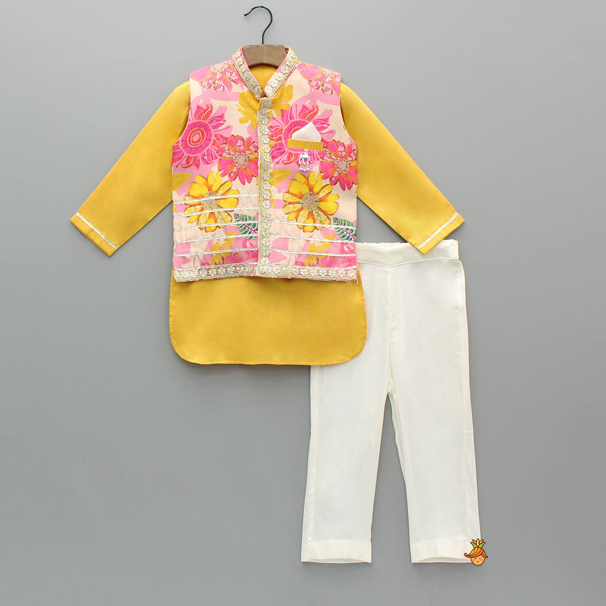 Front Placket Kurta With Floral Printed Multicolour Jacket And Pyjama