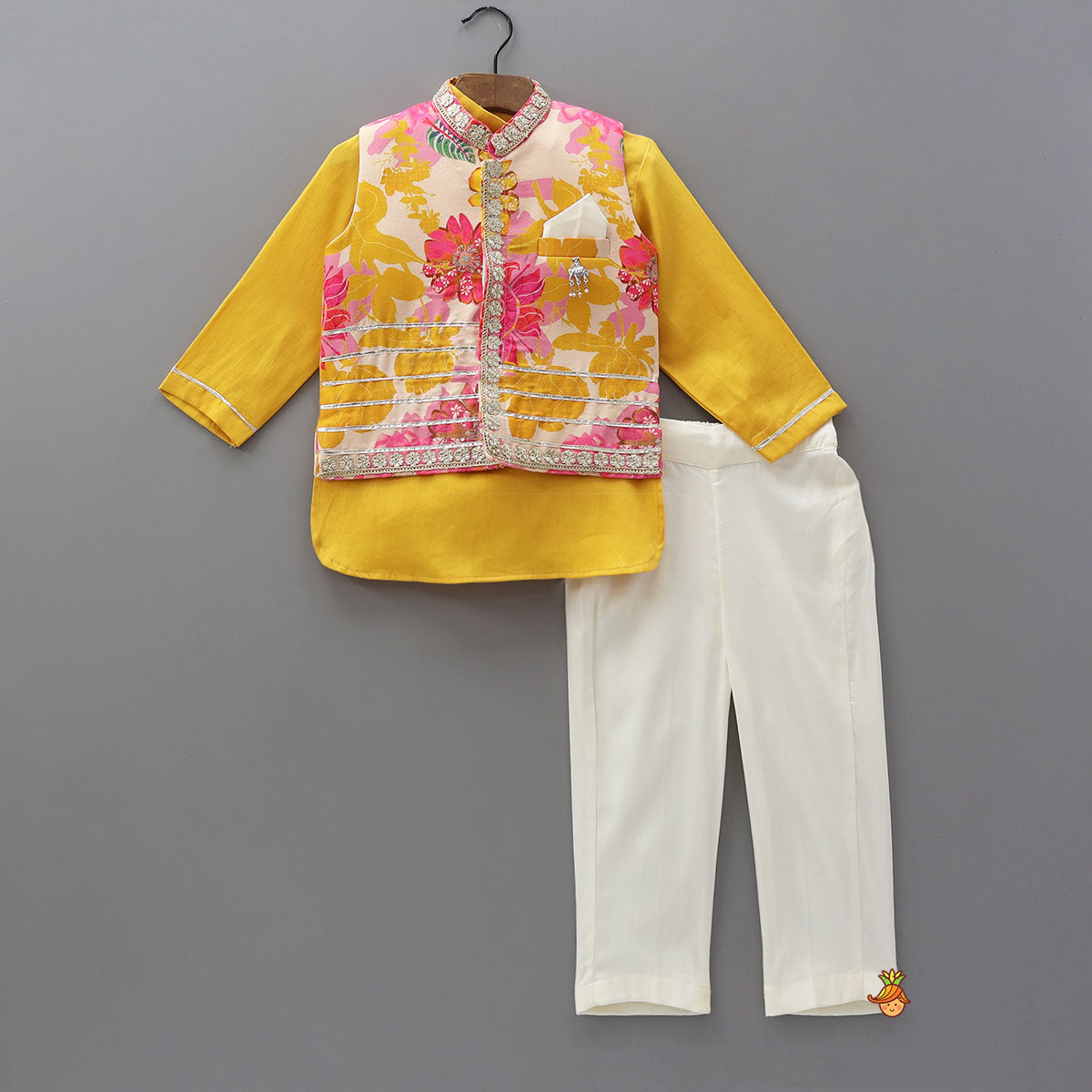 Front Placket Kurta With Floral Printed Multicolour Jacket And Pyjama