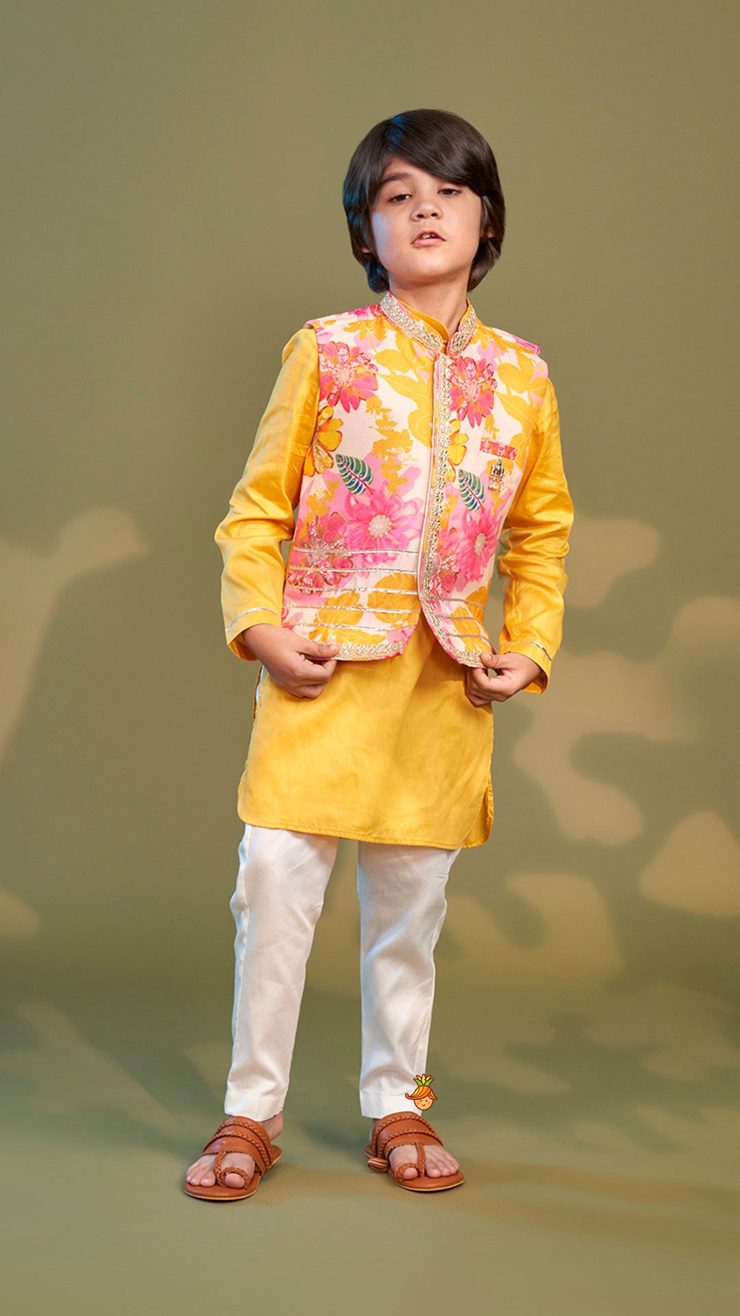 Front Placket Kurta With Floral Printed Multicolour Jacket And Pyjama