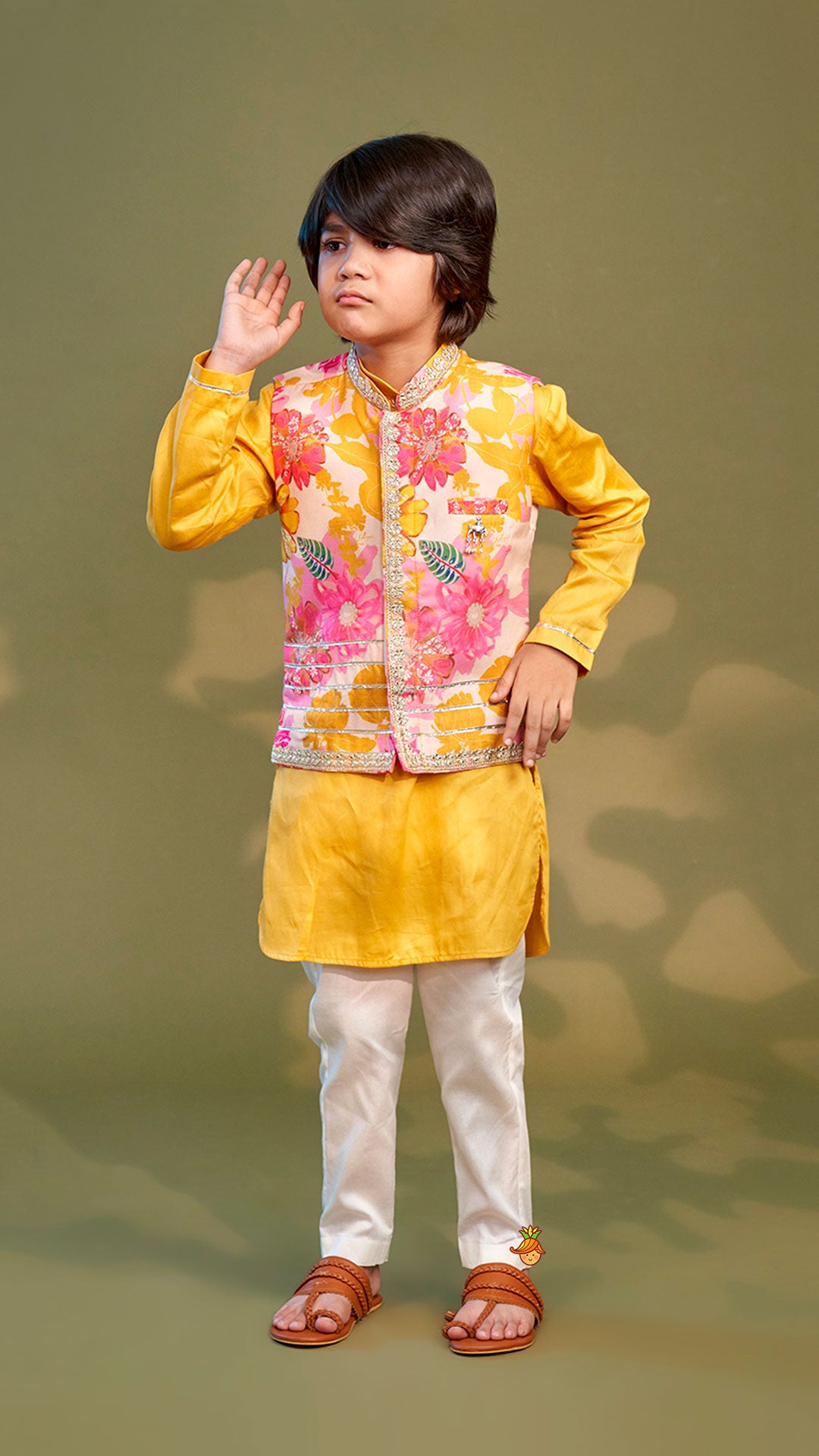 Front Placket Kurta With Floral Printed Multicolour Jacket And Pyjama