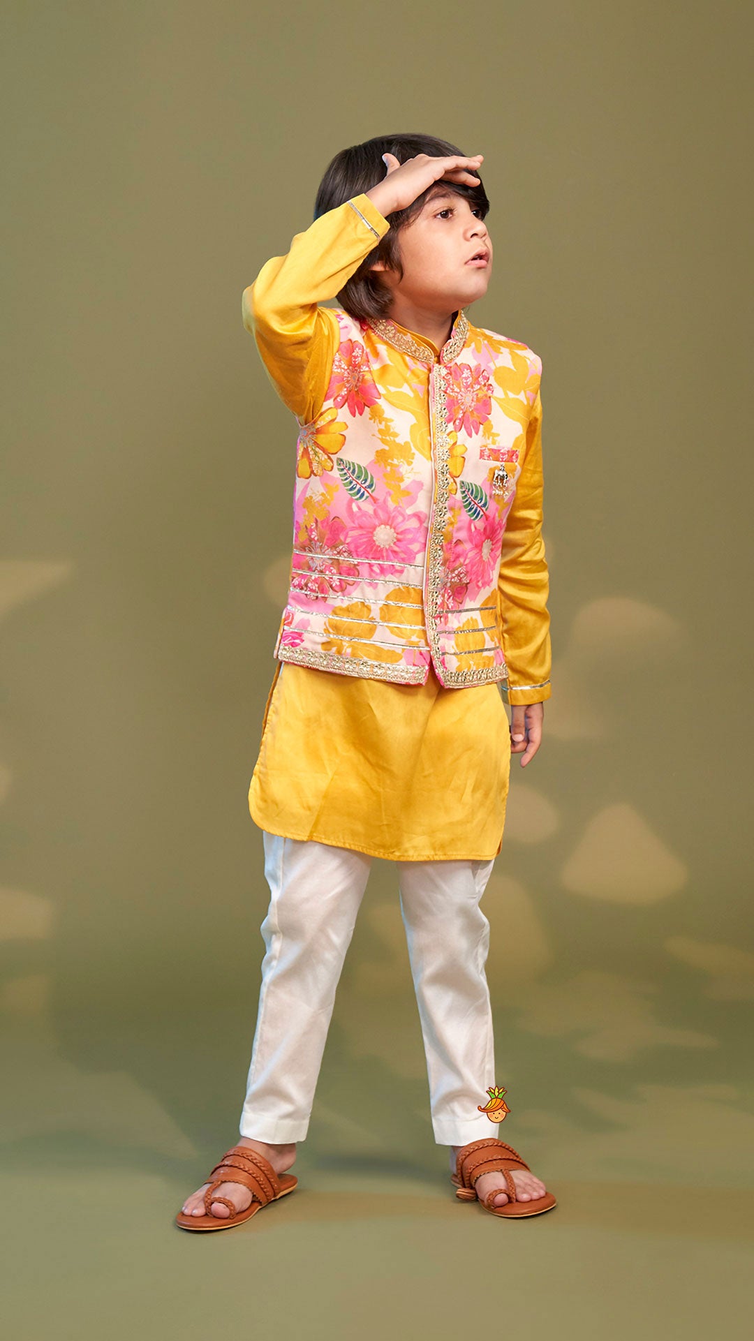 Front Placket Kurta With Floral Printed Multicolour Jacket And Pyjama