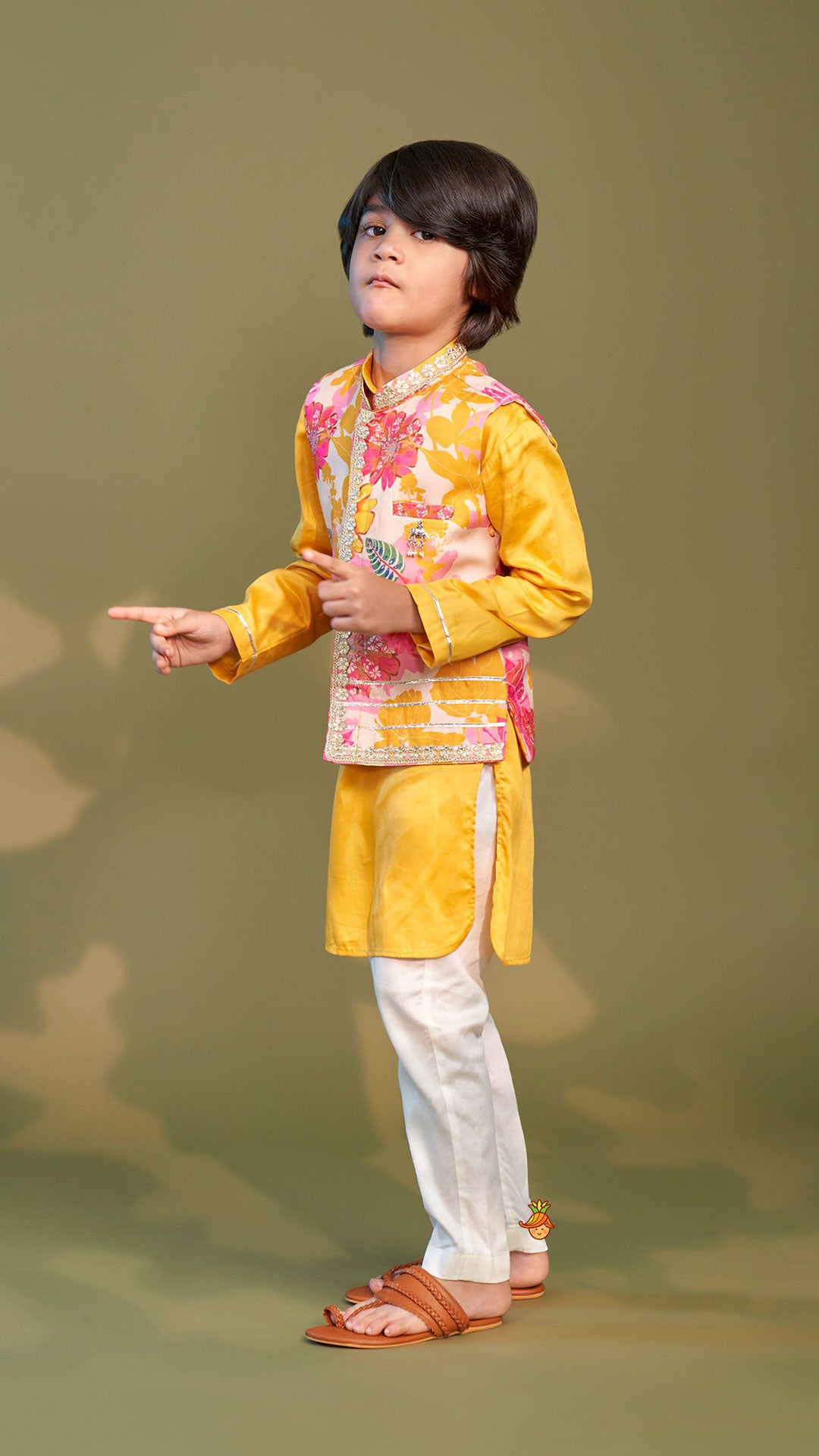 Front Placket Kurta With Floral Printed Multicolour Jacket And Pyjama