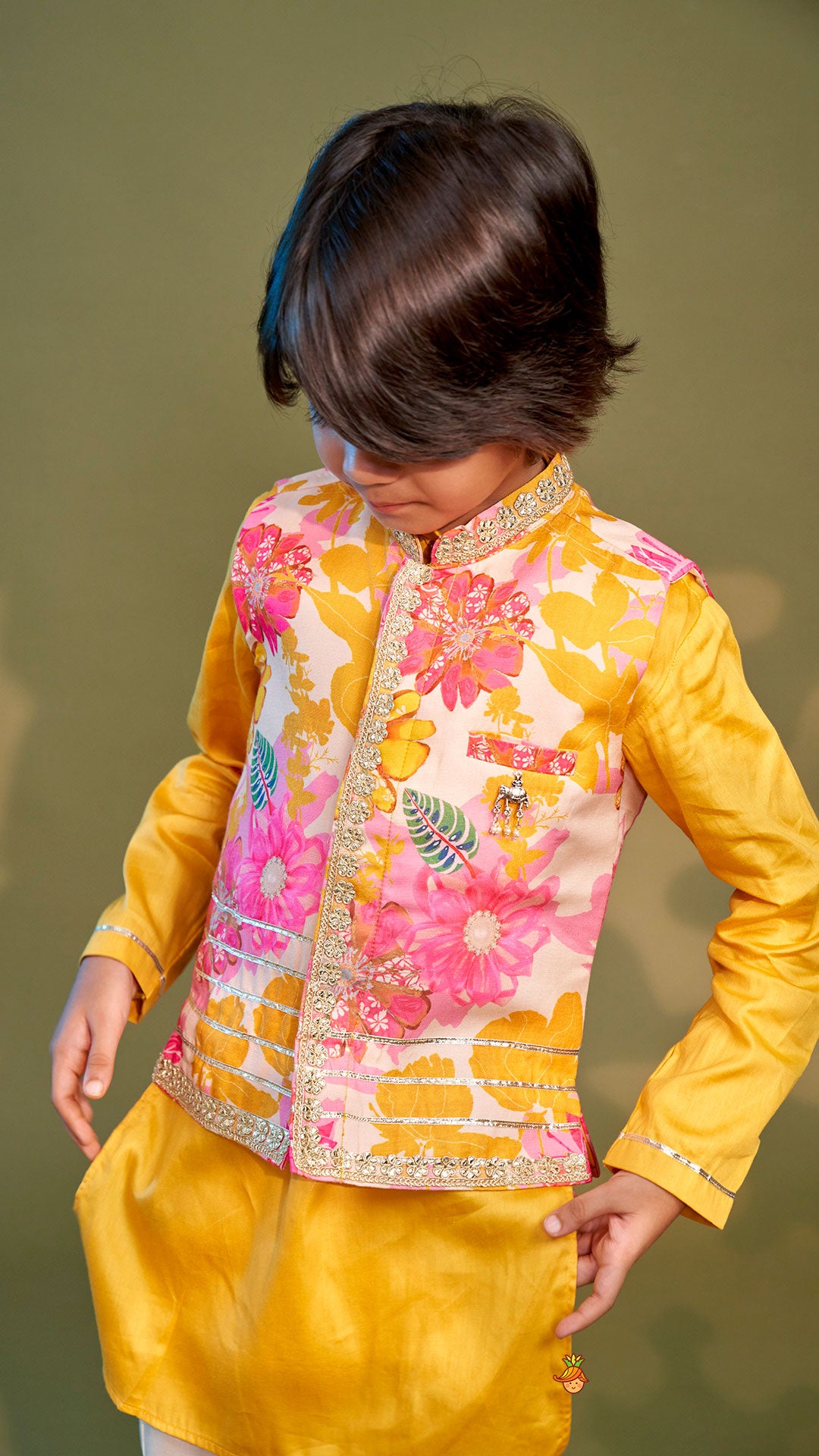 Front Placket Kurta With Floral Printed Multicolour Jacket And Pyjama