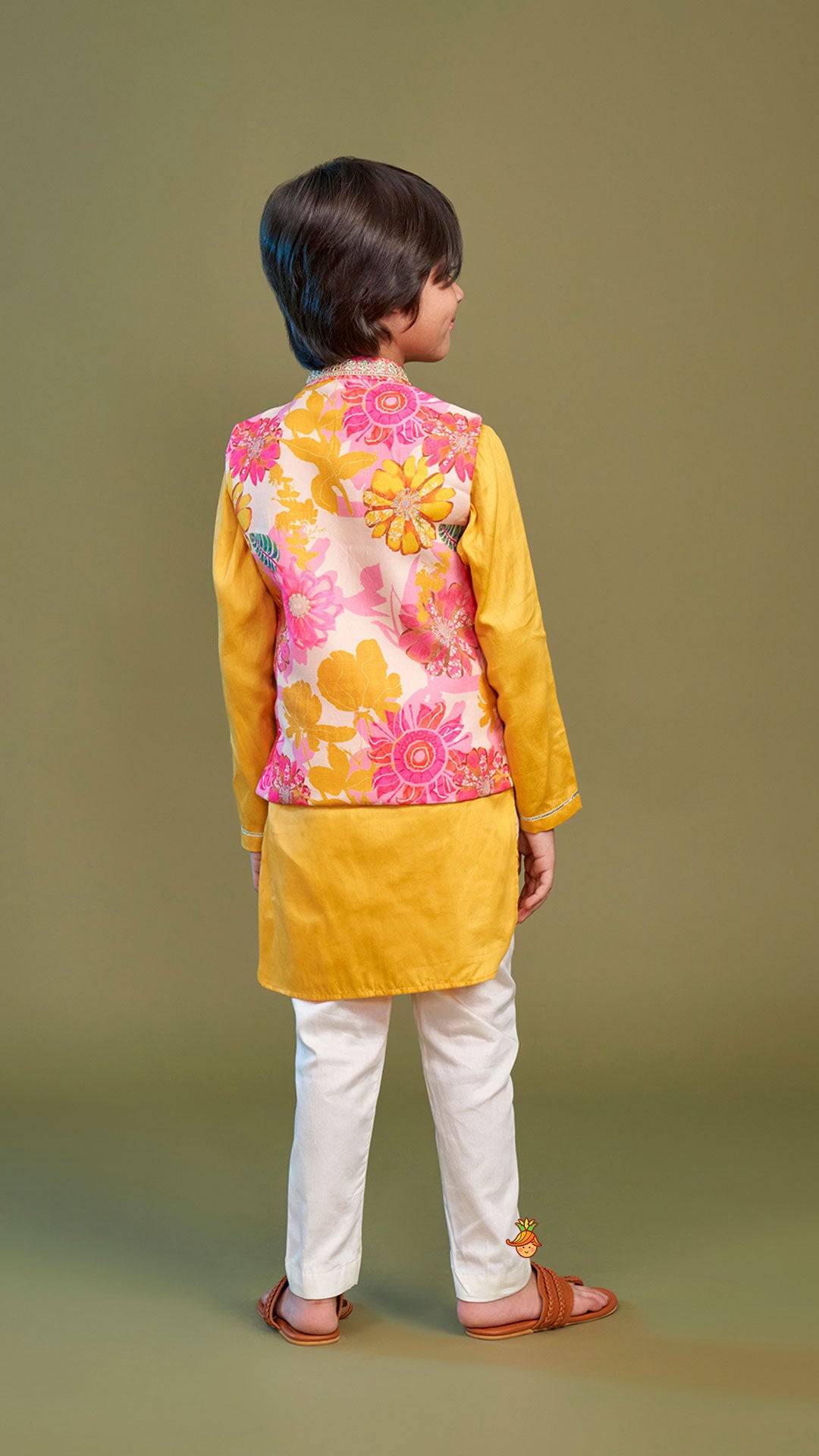 Front Placket Kurta With Floral Printed Multicolour Jacket And Pyjama