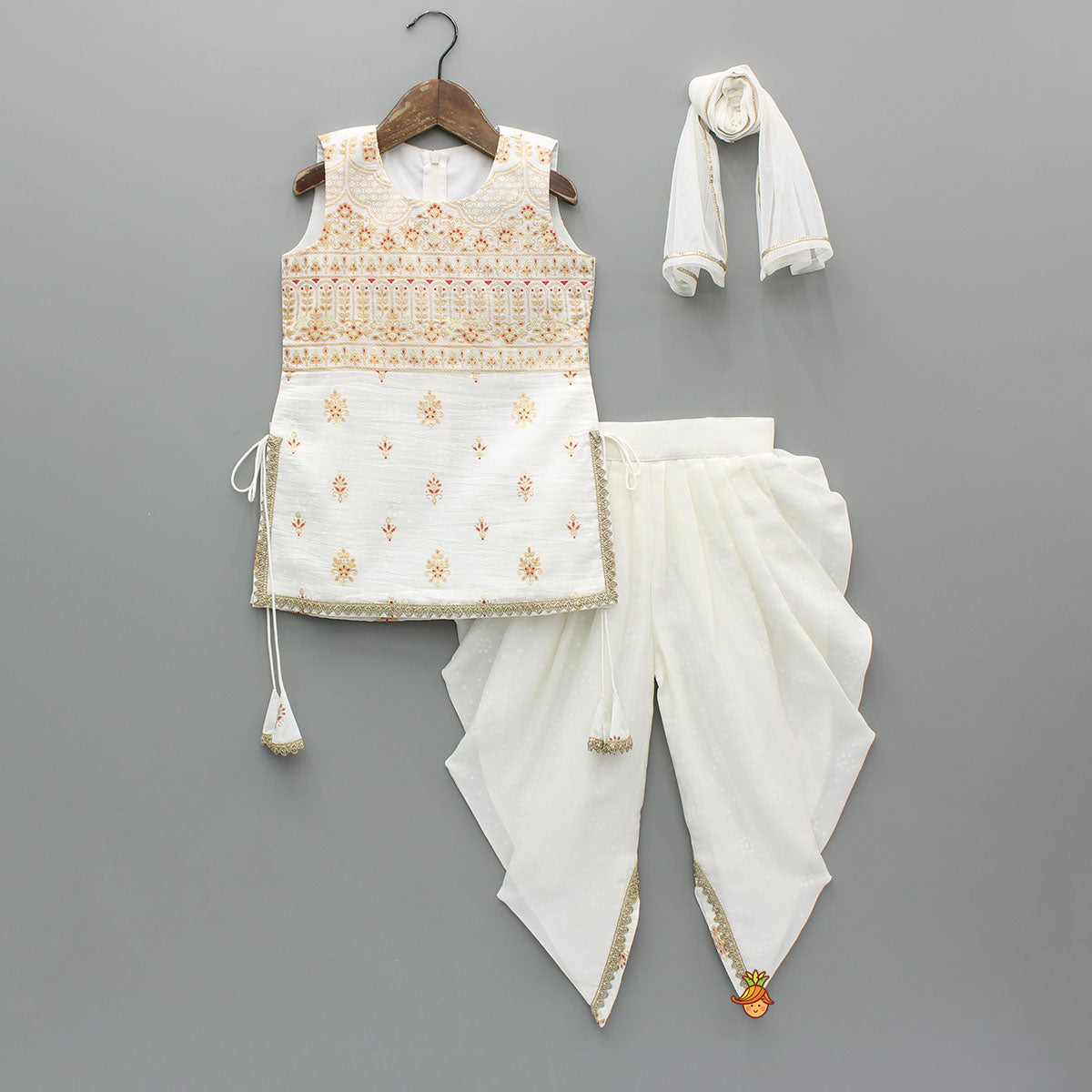 Elegant Ethnic Printed Kurti With Dhoti And Dupatta