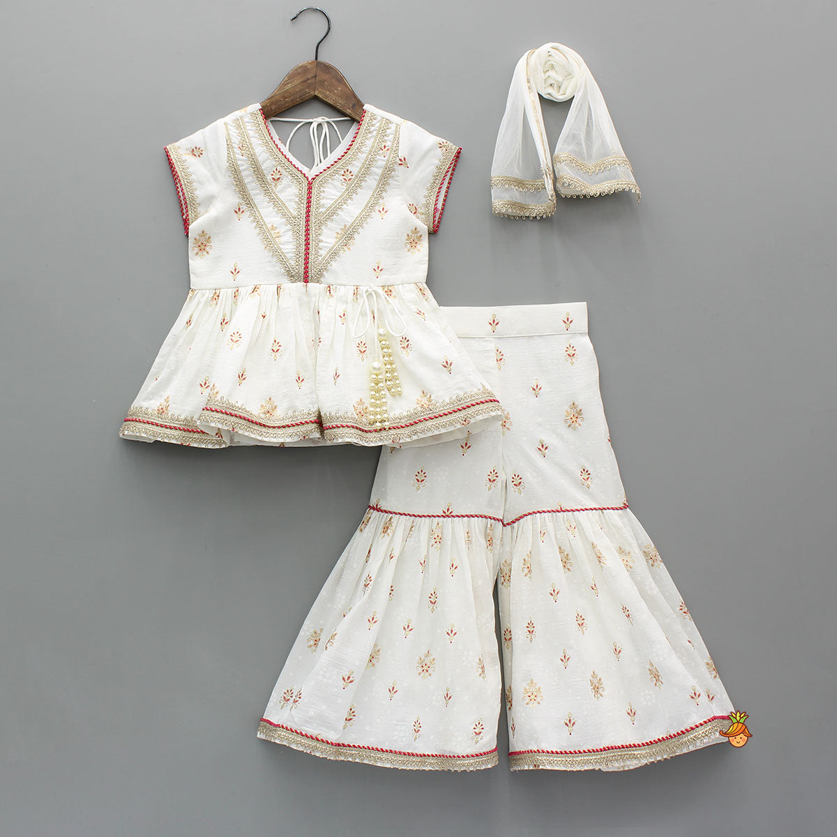 Ethnic Printed Peplum Kurti With Matching Sharara And Dupatta