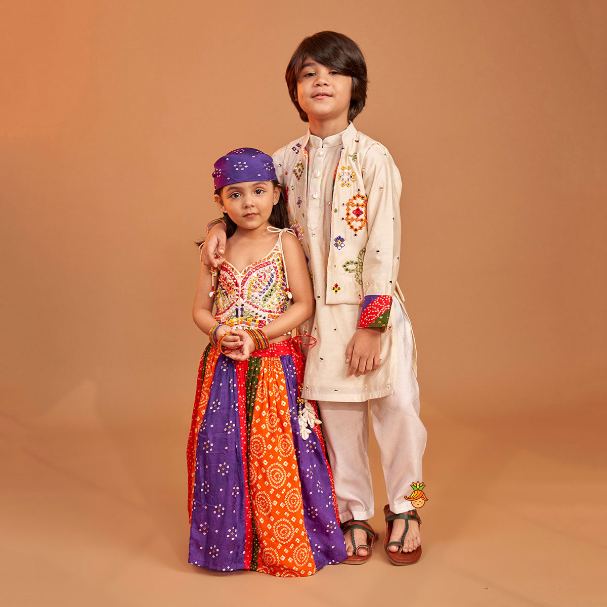 Mirror Embroidered Bandhej Detailed Kurta With Front Open Mirror Work Jacket And Pyjama twinning model image 1