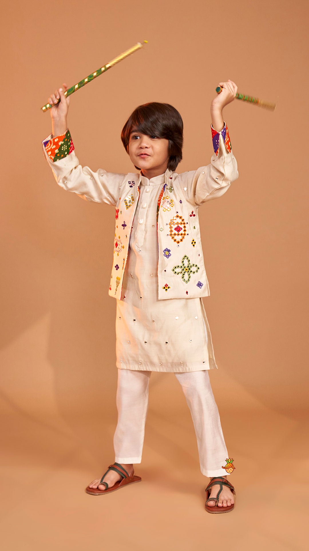 Mirror Embroidered Bandhej Detailed Kurta With Front Open Mirror Work Jacket And Pyjama