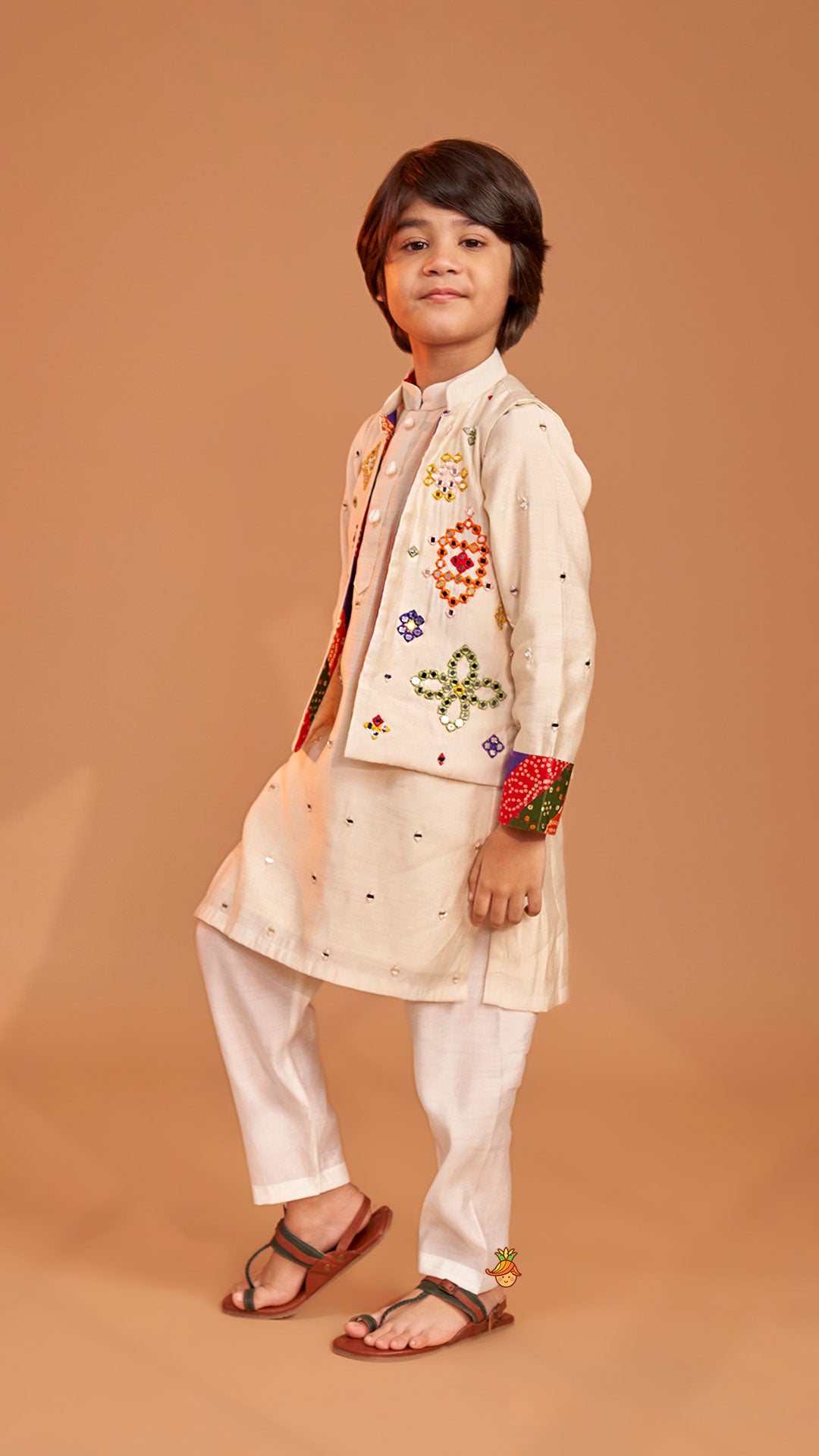 Mirror Embroidered Bandhej Detailed Kurta With Front Open Mirror Work Jacket And Pyjama