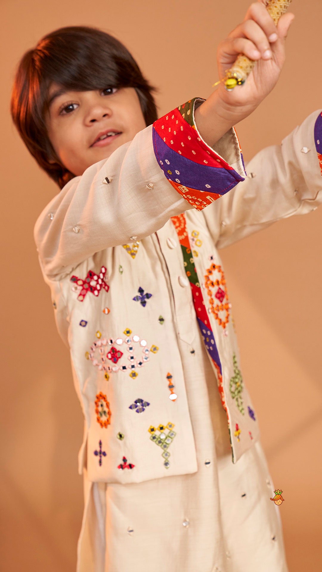 Mirror Embroidered Bandhej Detailed Kurta With Front Open Mirror Work Jacket And Pyjama