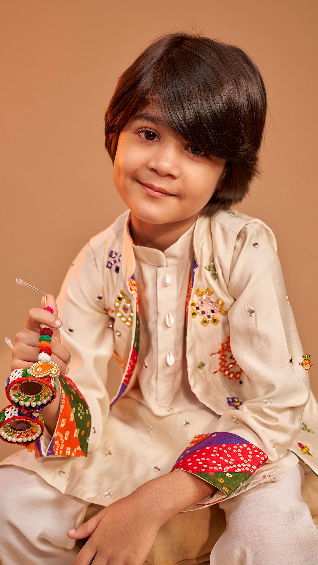Mirror Embroidered Bandhej Detailed Kurta With Front Open Mirror Work Jacket And Pyjama