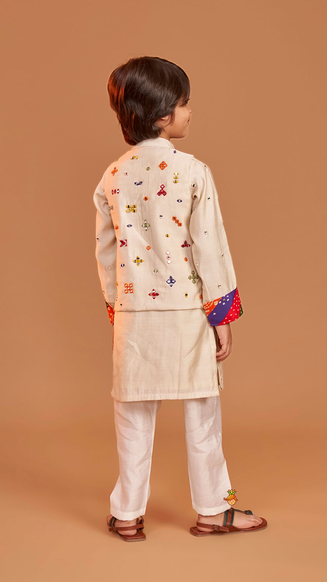 Mirror Embroidered Bandhej Detailed Kurta With Front Open Mirror Work Jacket And Pyjama